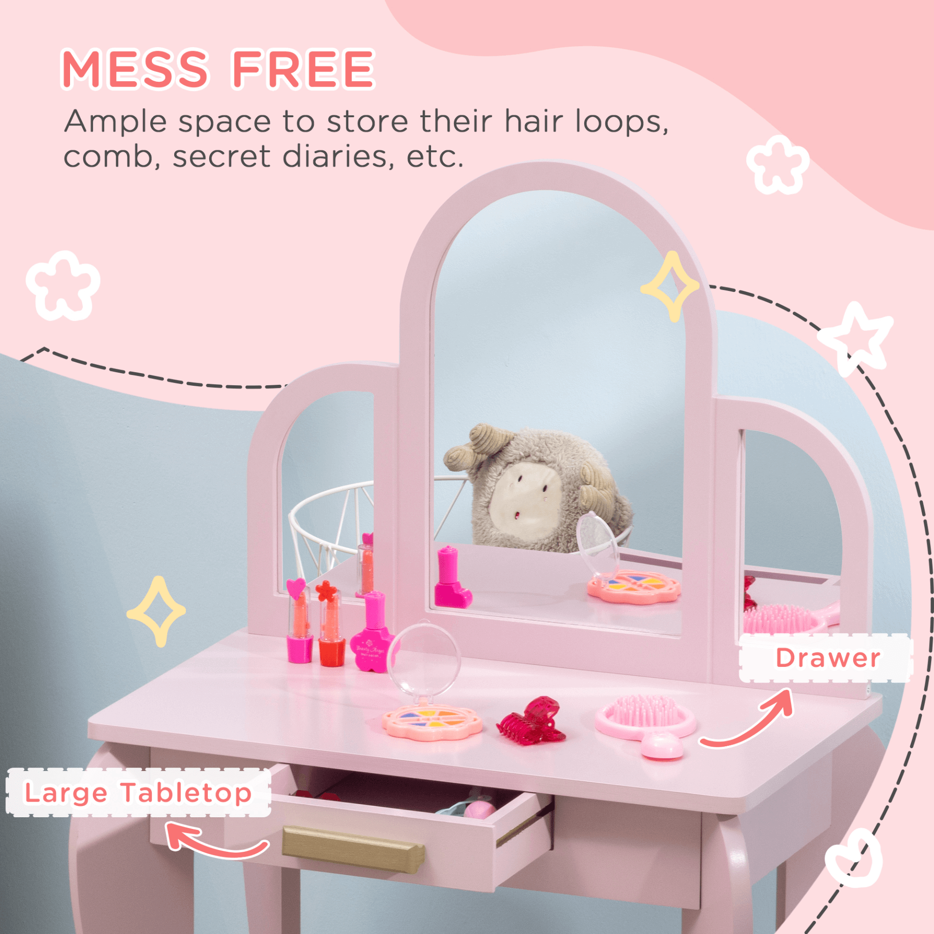 Pink Kids Dressing Table & Stool Vanity Set for Ages 3-6, Adorable and functional pink vanity set with mirror & drawer, designed for kids aged 3-6. Safe, durable, and adds charm to any room.