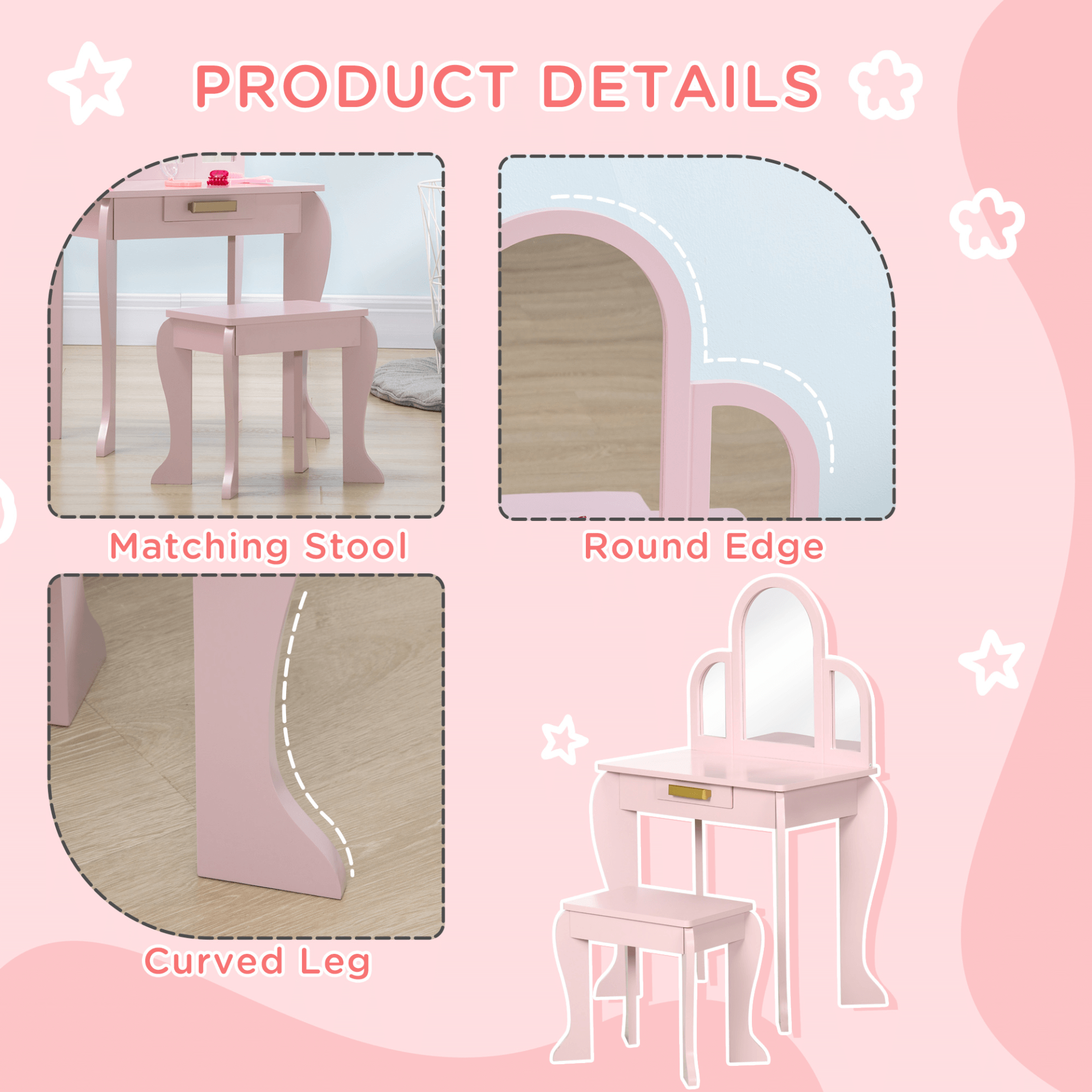 Pink Kids Dressing Table & Stool Vanity Set for Ages 3-6, Adorable and functional pink vanity set with mirror & drawer, designed for kids aged 3-6. Safe, durable, and adds charm to any room.