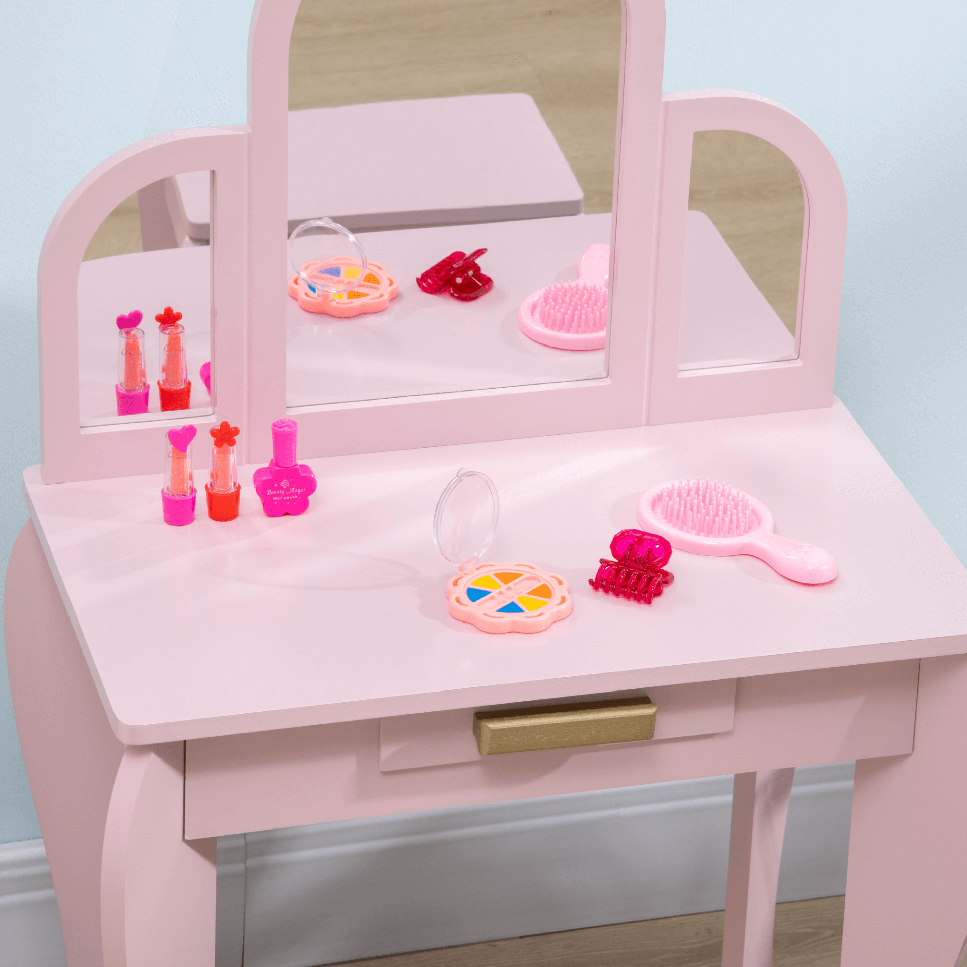 Pink Kids Dressing Table & Stool Vanity Set for Ages 3-6, Adorable and functional pink vanity set with mirror & drawer, designed for kids aged 3-6. Safe, durable, and adds charm to any room.