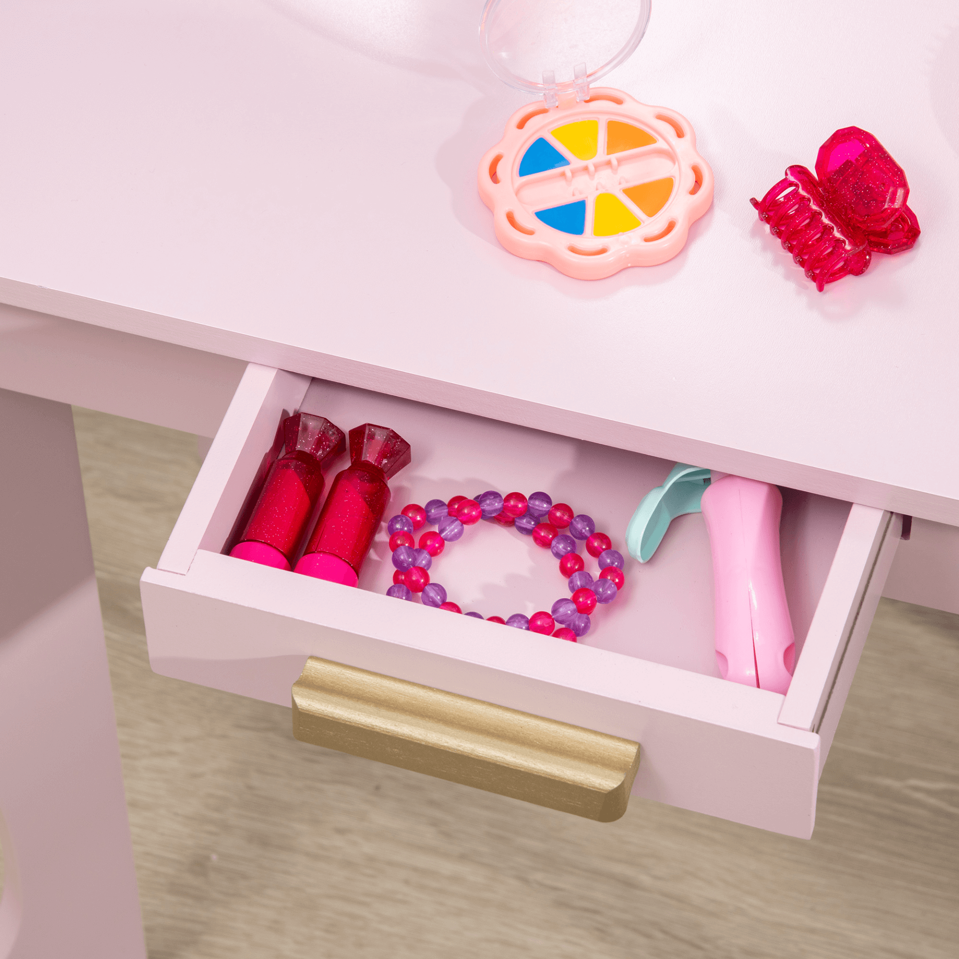 Pink Kids Dressing Table & Stool Vanity Set for Ages 3-6, Adorable and functional pink vanity set with mirror & drawer, designed for kids aged 3-6. Safe, durable, and adds charm to any room.