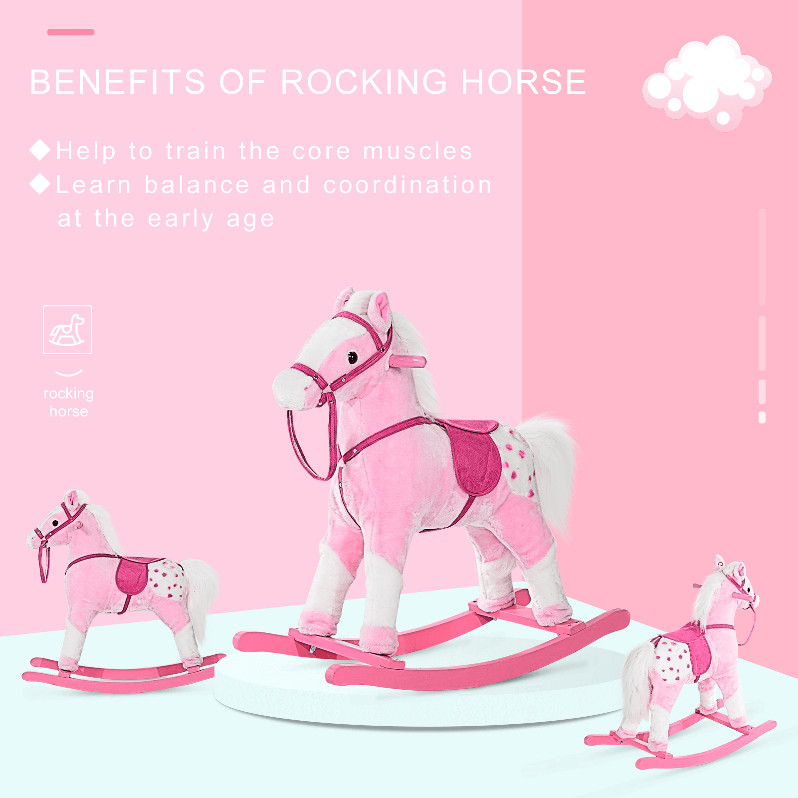 HOMCOM Pink Plush Rocking Horse for Kids Ages 3-6, Gift your child the joy of riding with this plush rocking horse featuring sound handle grip. Perfect for ages 3-6, it's fun and safe!