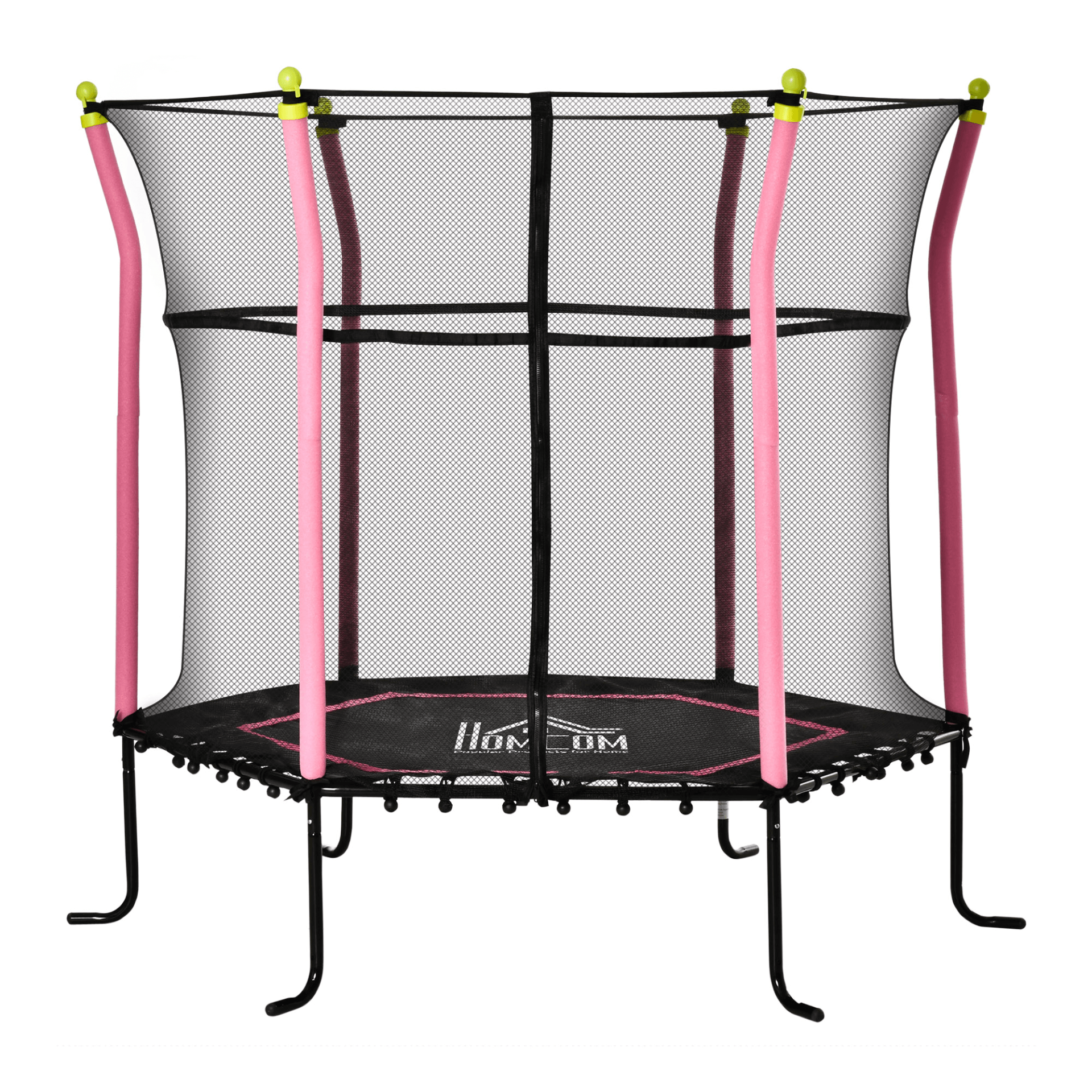 Pink 5.2FT Kids Trampoline with Enclosure Net, Safe play for kids! 5.2FT trampoline with zipped net door, anti-UV net, and padded poles. Perfect for ages 3-10. Ideal for indoor/outdoor fun.