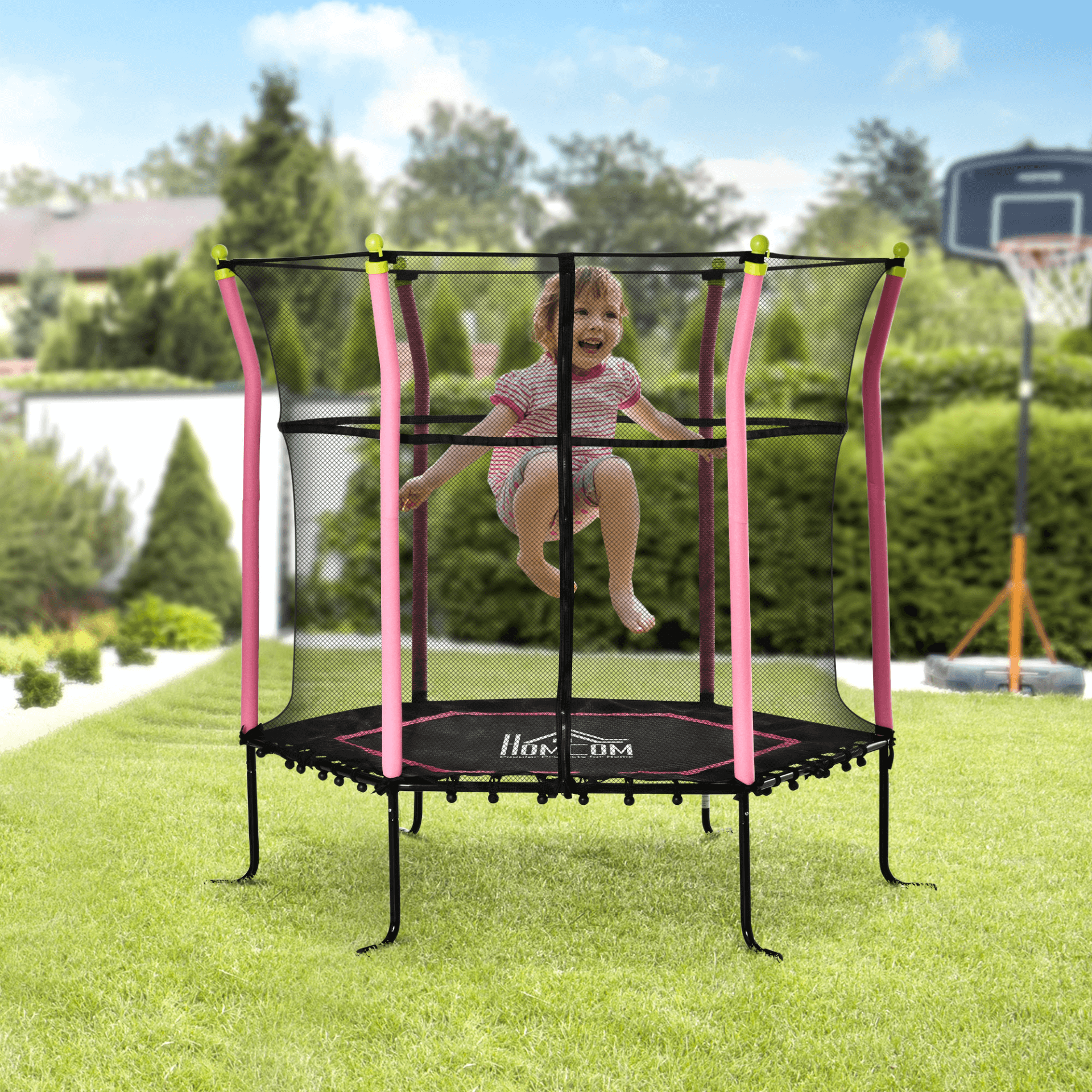 Pink 5.2FT Kids Trampoline with Enclosure Net, Safe play for kids! 5.2FT trampoline with zipped net door, anti-UV net, and padded poles. Perfect for ages 3-10. Ideal for indoor/outdoor fun.