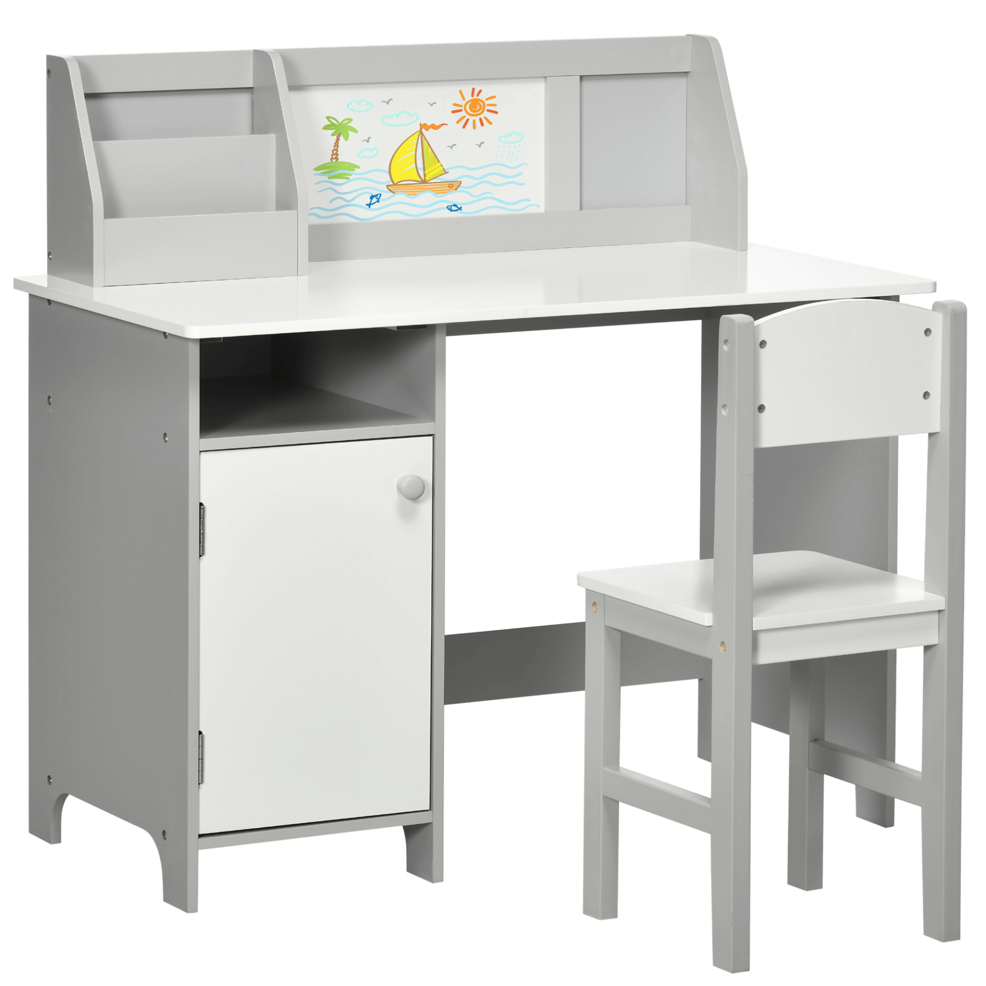 HOMCOM Kids Table and Chair Set - Grey Multi-Use Furniture, Delight your child with this grey table and chair set featuring a whiteboard surface and storage, perfect for play, study, or meals.