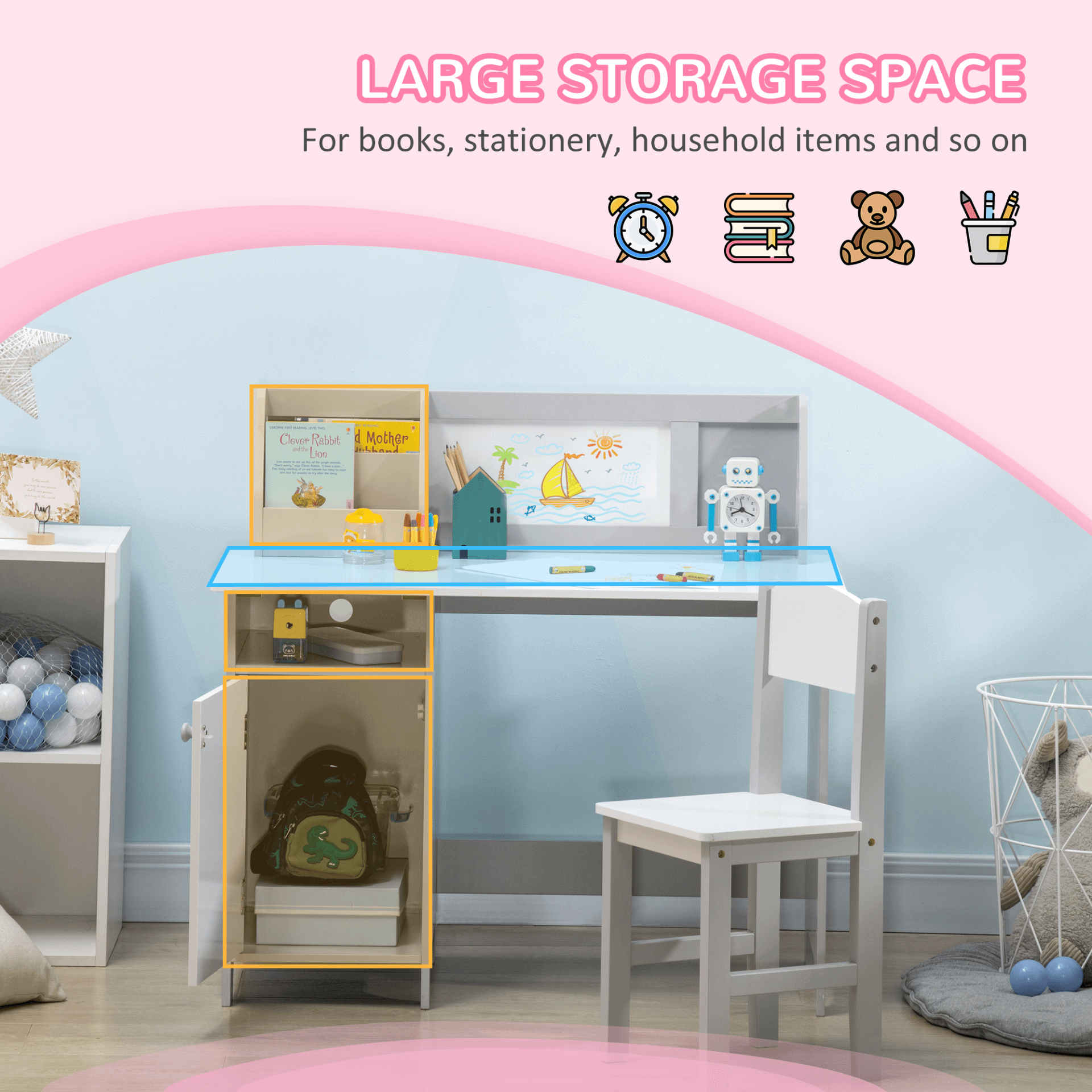 HOMCOM Kids Table and Chair Set - Grey Multi-Use Furniture, Delight your child with this grey table and chair set featuring a whiteboard surface and storage, perfect for play, study, or meals.