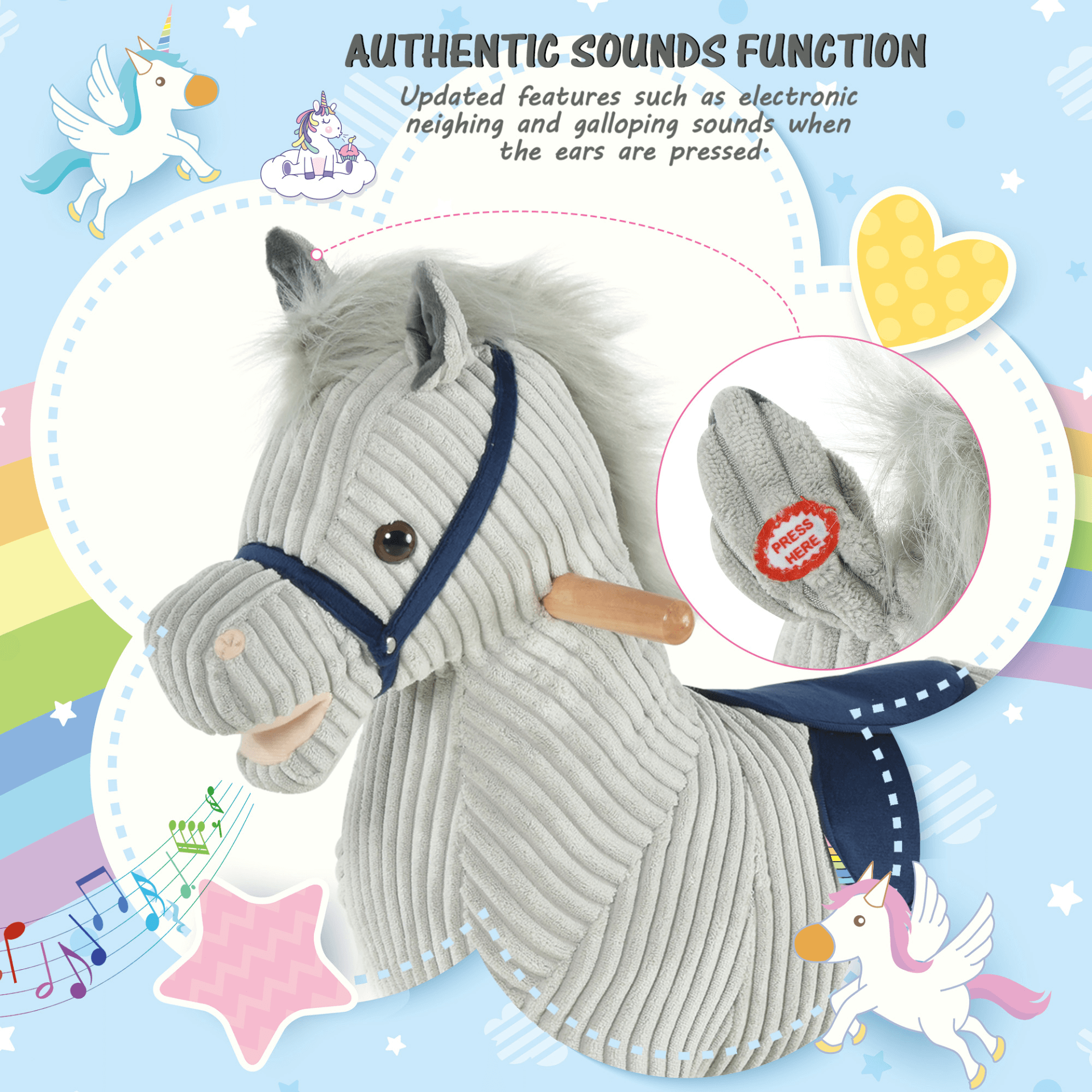 HOMCOM Kids Plush Rocking Horse with Sound - Grey, The perfect ride-on toy for kids 36-72 months! Durable, safe, and fun with sound for hours of joy. Ideal gift for playtime adventures!