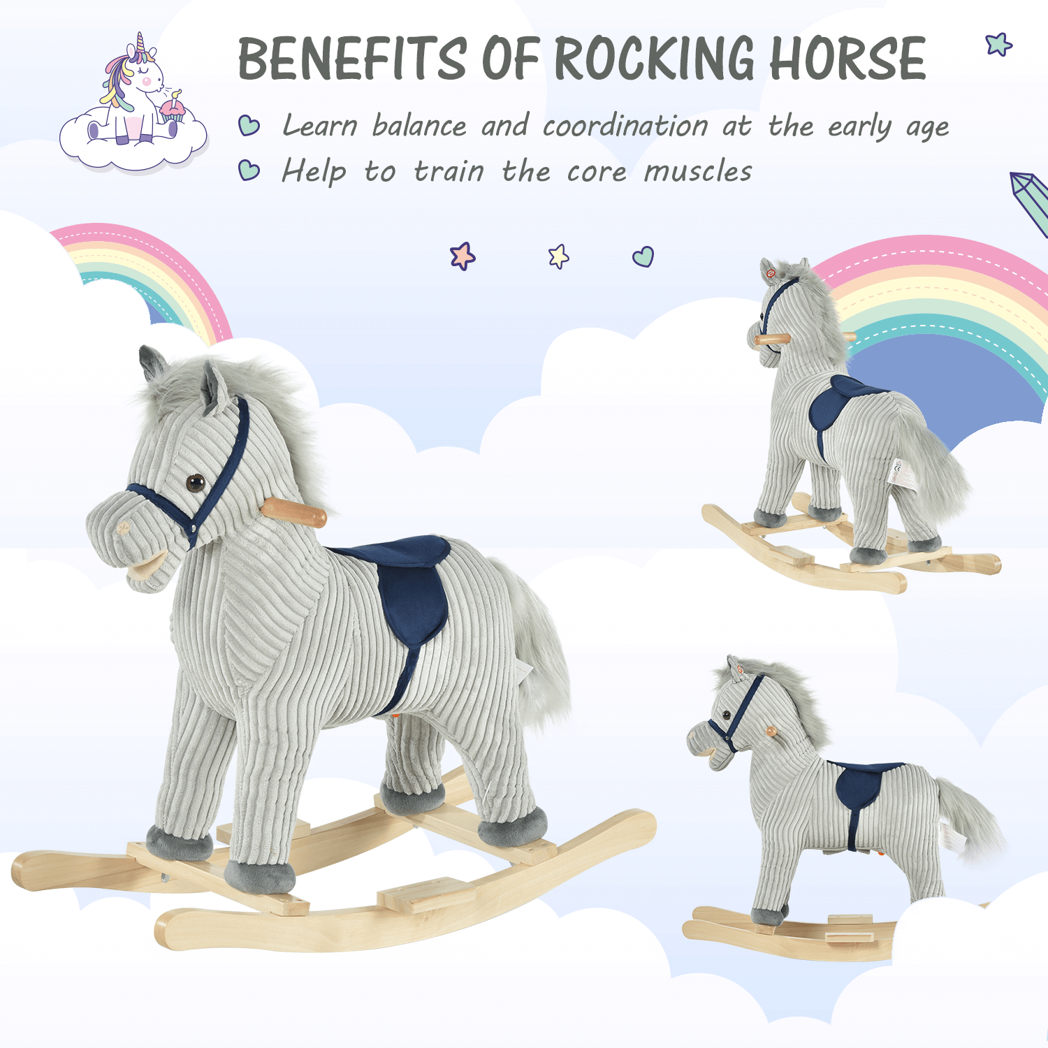 HOMCOM Kids Plush Rocking Horse with Sound - Grey, The perfect ride-on toy for kids 36-72 months! Durable, safe, and fun with sound for hours of joy. Ideal gift for playtime adventures!