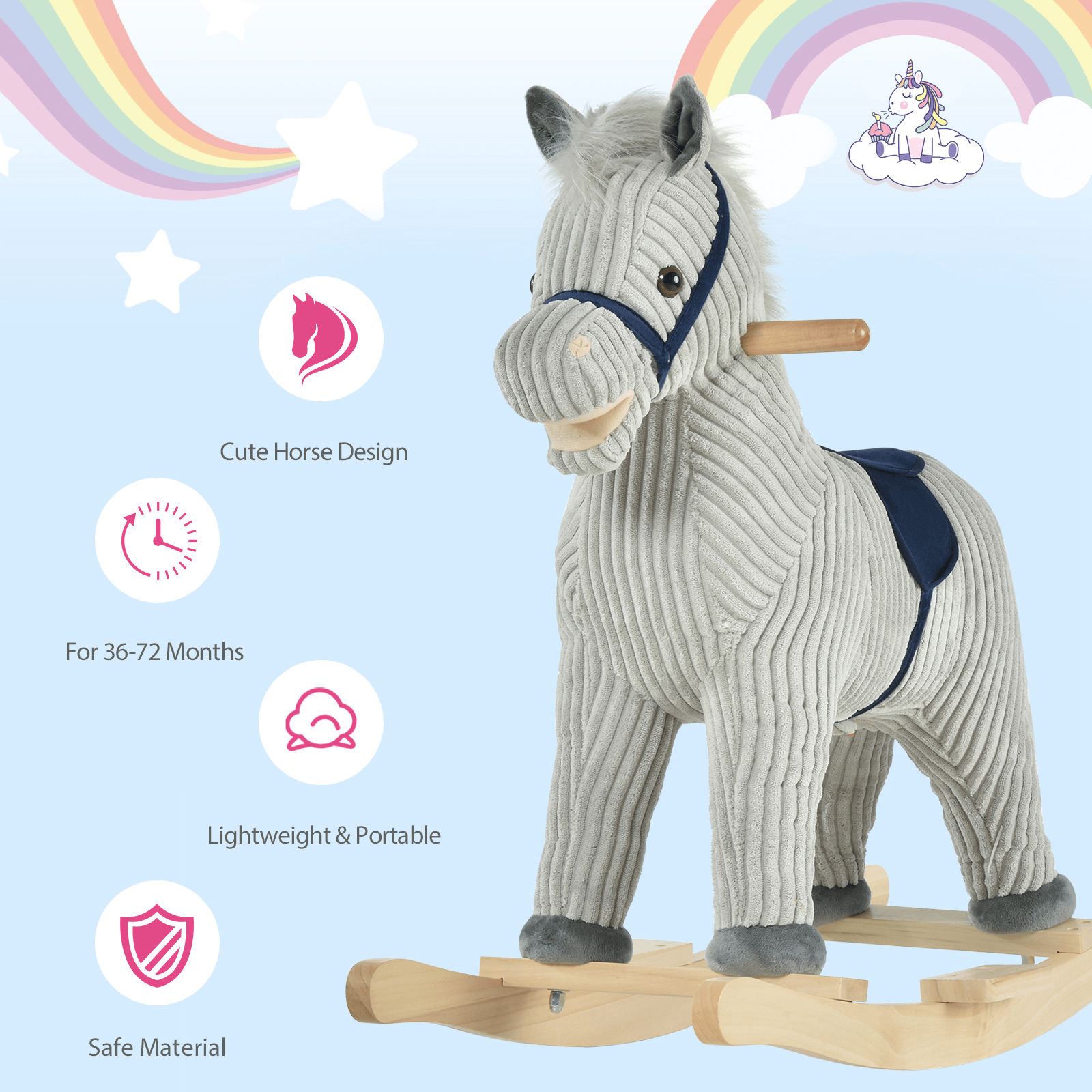 HOMCOM Kids Plush Rocking Horse with Sound - Grey, The perfect ride-on toy for kids 36-72 months! Durable, safe, and fun with sound for hours of joy. Ideal gift for playtime adventures!