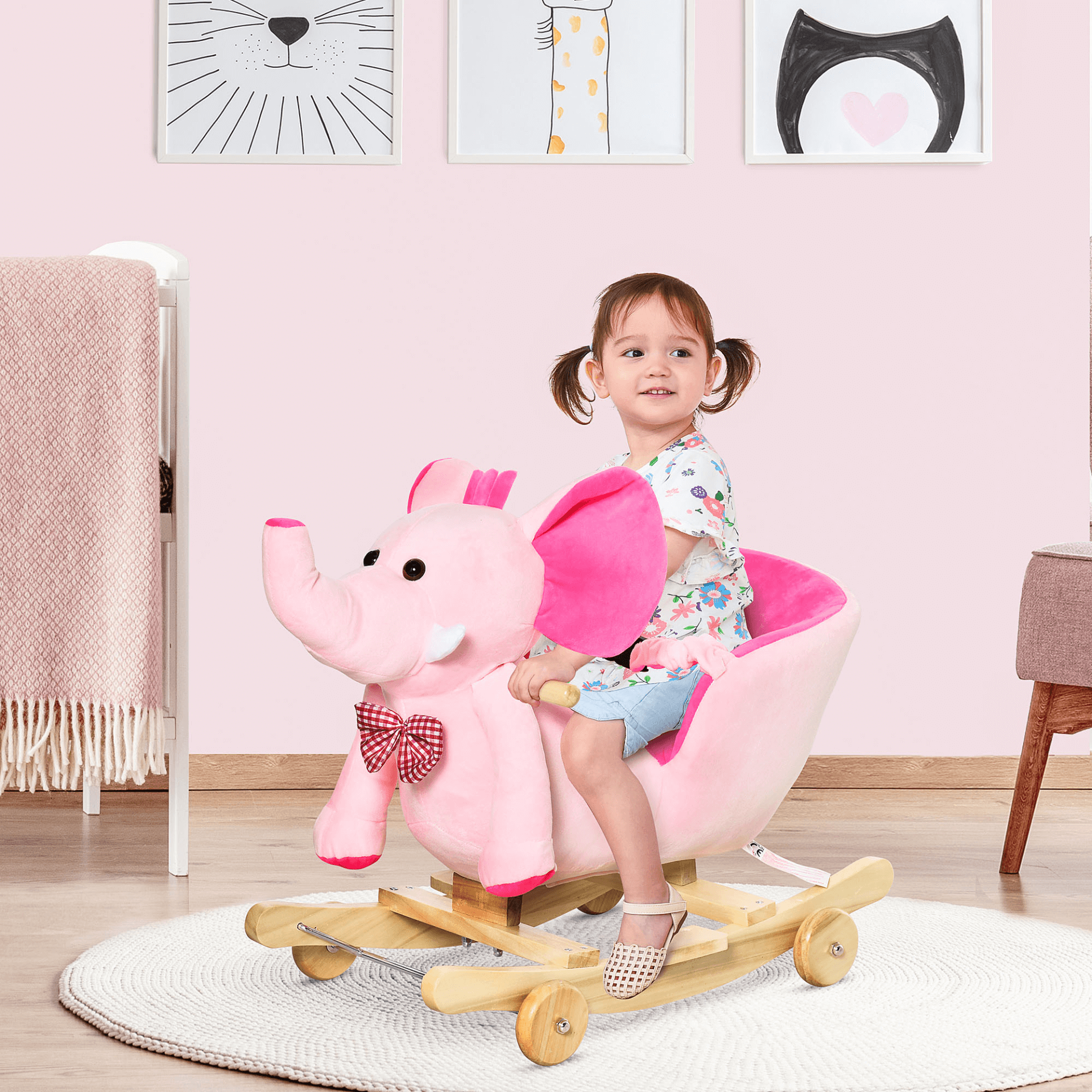 HOMCOM 2-in-1 Plush Baby Rocking Horse & Stroller, Enjoy playtime with the HOMCOM Plush Elephant Rocker! Features 32 songs, versatile 2-in-1 design, and fun for your little one.