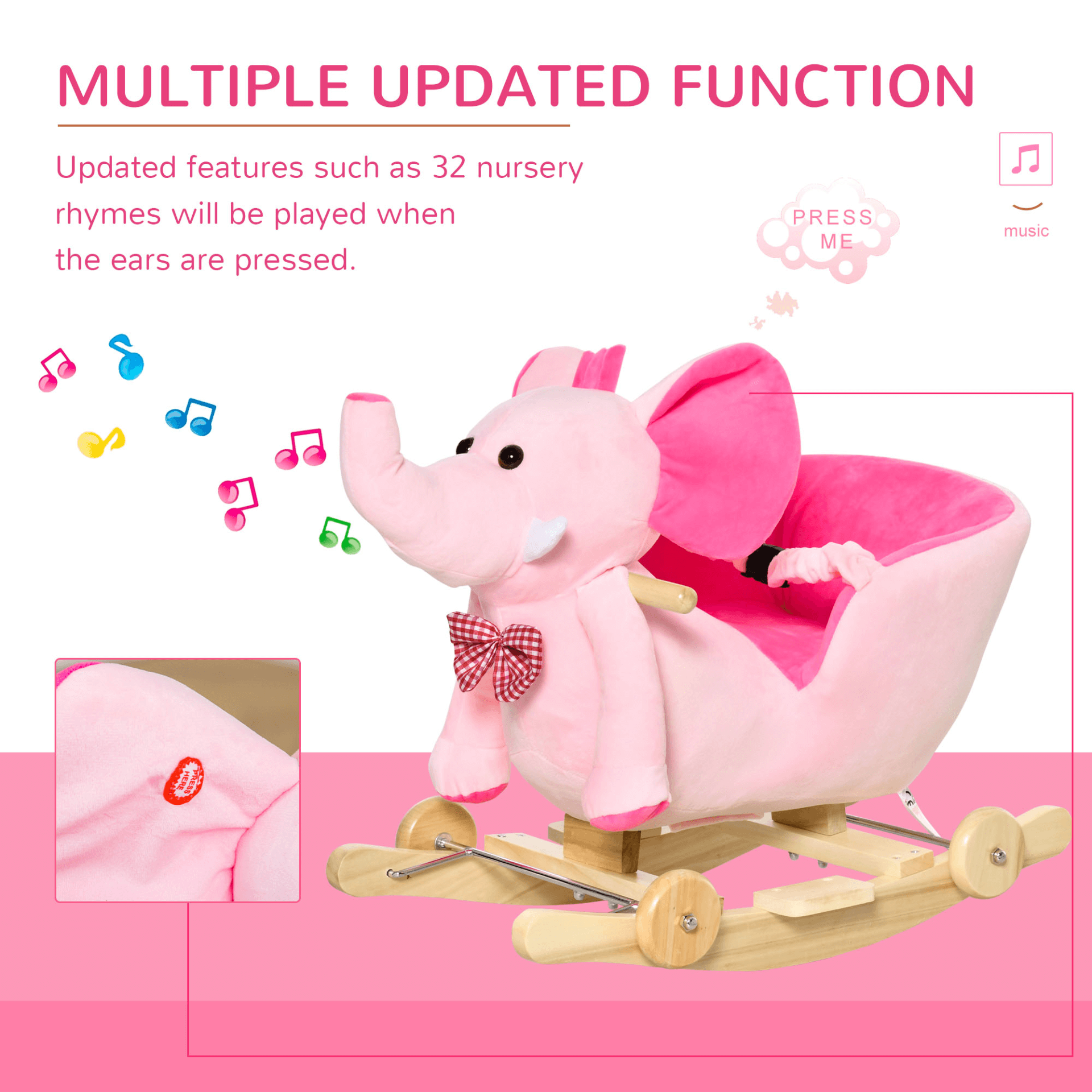 HOMCOM 2-in-1 Plush Baby Rocking Horse & Stroller, Enjoy playtime with the HOMCOM Plush Elephant Rocker! Features 32 songs, versatile 2-in-1 design, and fun for your little one.