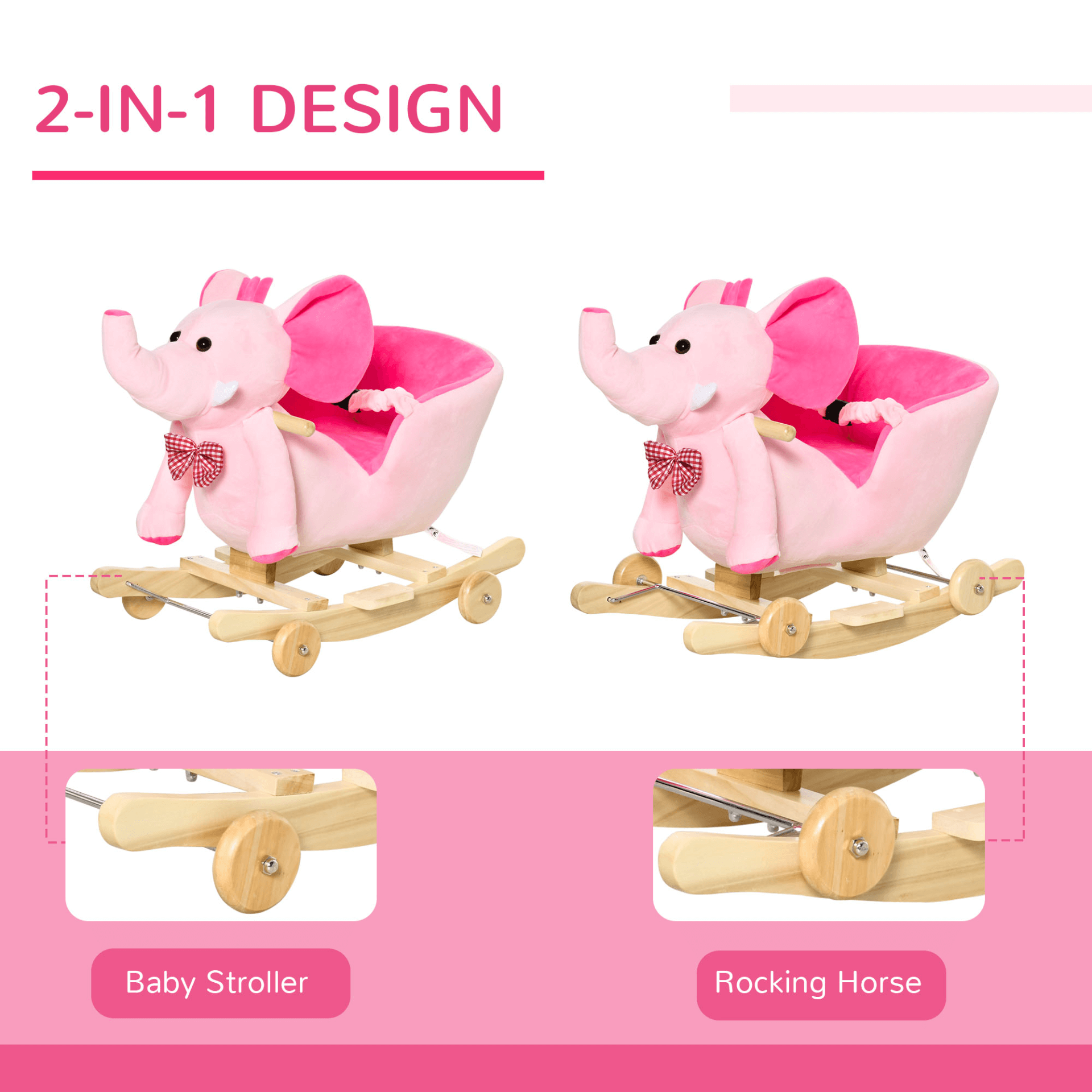 HOMCOM 2-in-1 Plush Baby Rocking Horse & Stroller, Enjoy playtime with the HOMCOM Plush Elephant Rocker! Features 32 songs, versatile 2-in-1 design, and fun for your little one.