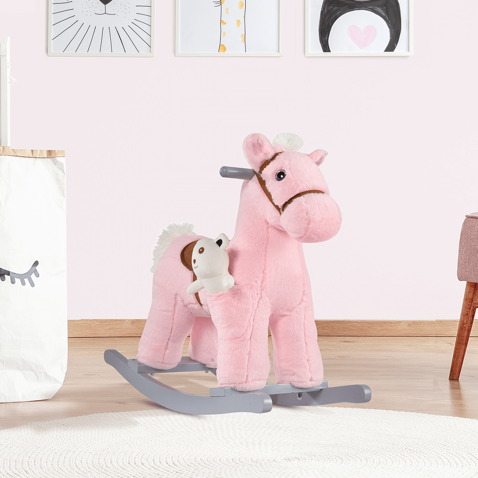 HOMCOM Kids Plush Pink Rocking Horse Toy with Sound, Delight your toddler with the HOMCOM plush pink rocking horse that features realistic sounds for interactive play fun! Perfect for ages 18-36 months.