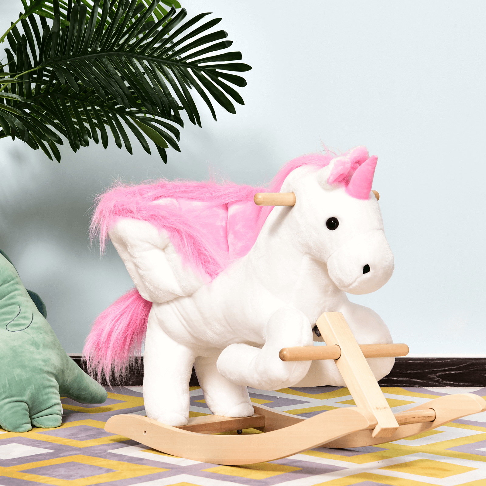 Kids Unicorn Rocking Horse Toy with Music, Enchant playtime with a sturdy, musical unicorn rocking horse for kids, ages 18+ months. Durable wood, soft plush, magical fun.