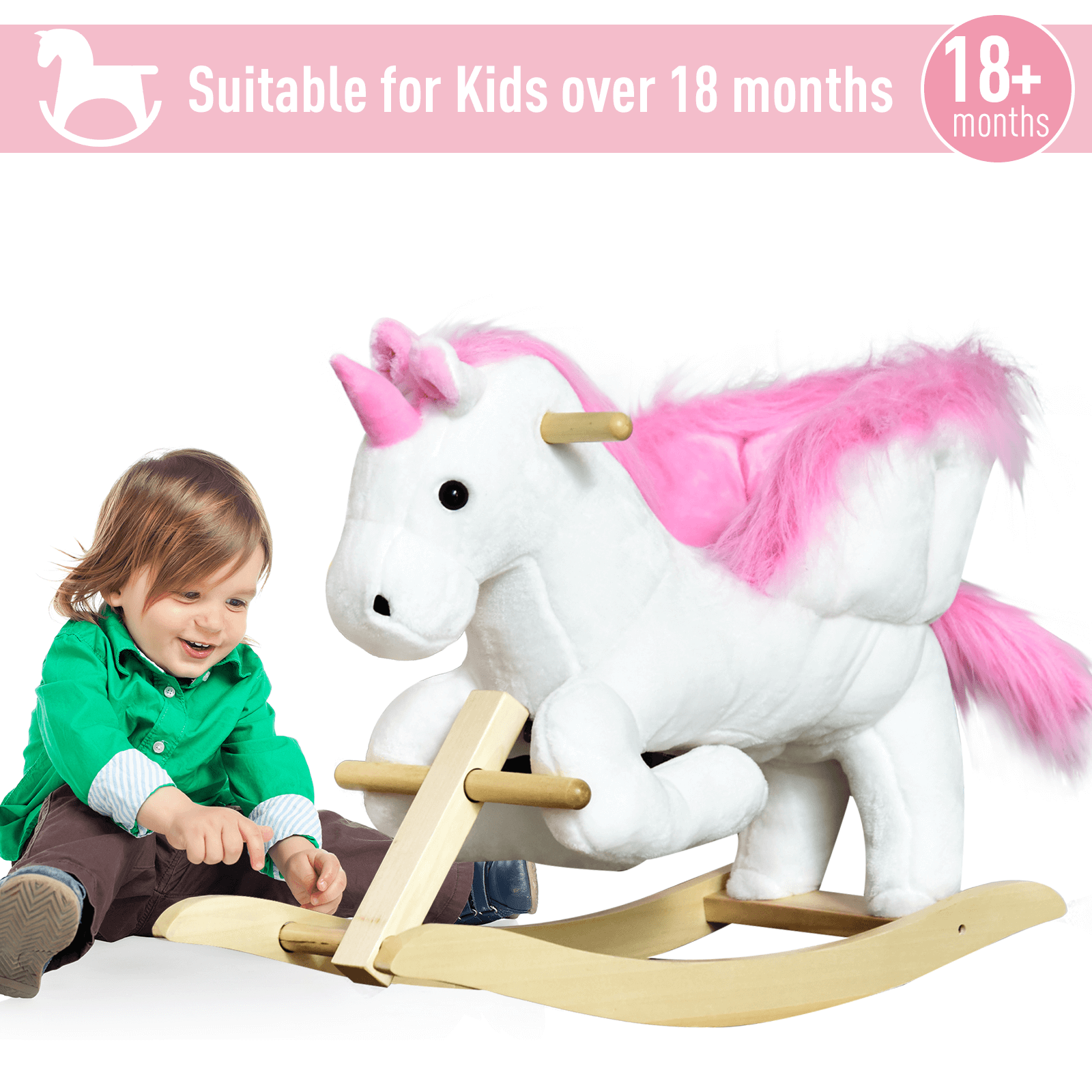 Kids Unicorn Rocking Horse Toy with Music, Enchant playtime with a sturdy, musical unicorn rocking horse for kids, ages 18+ months. Durable wood, soft plush, magical fun.