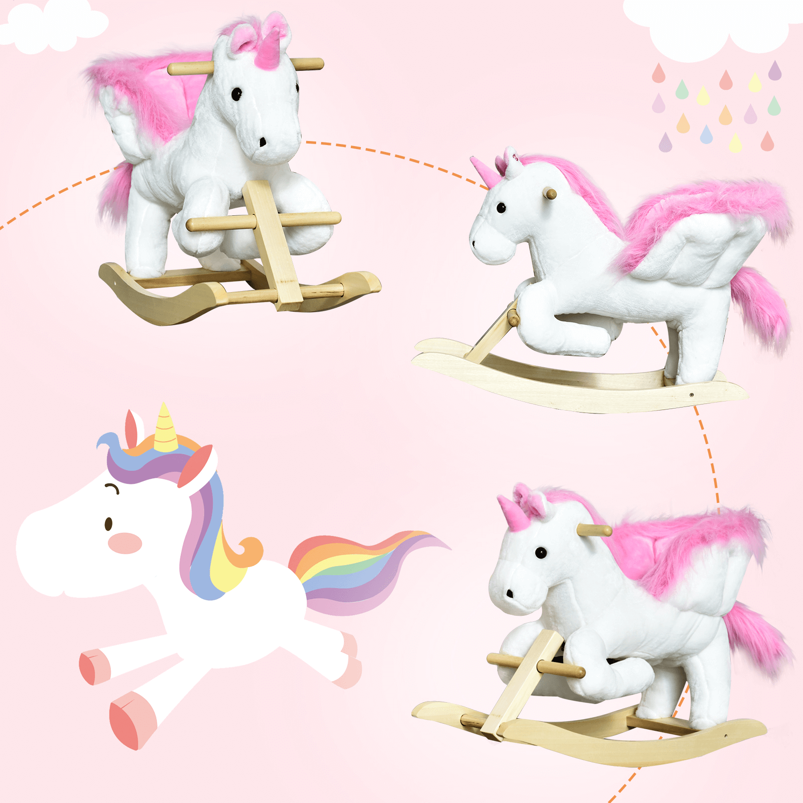 Kids Unicorn Rocking Horse Toy with Music, Enchant playtime with a sturdy, musical unicorn rocking horse for kids, ages 18+ months. Durable wood, soft plush, magical fun.