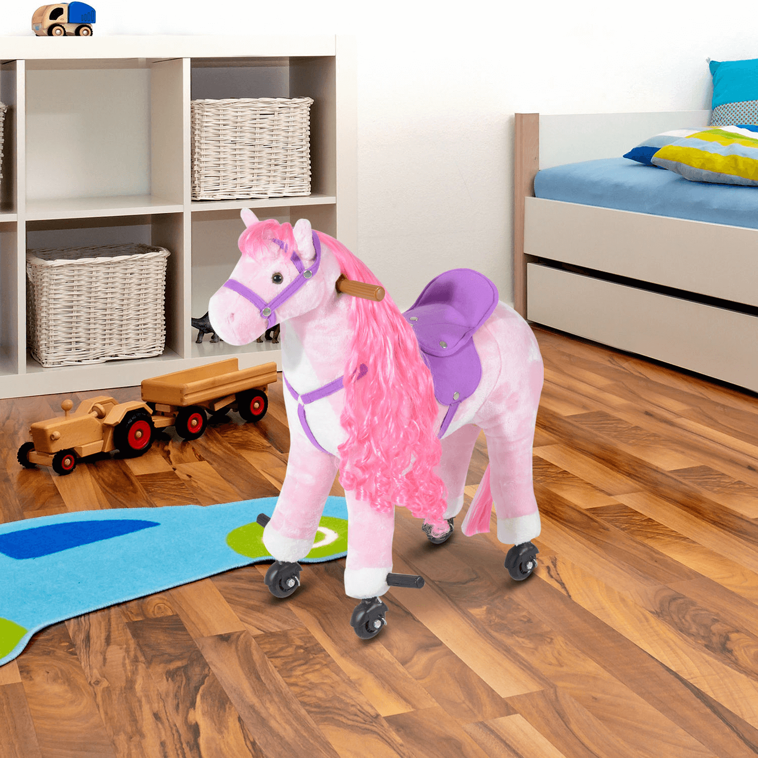 HOMCOM Kids Plush Ride On Horse Toy - Pink, Experience fun with the interactive HOMCOM horse toy! Safe, sound-enabled, and perfect for kids ages 3+, it moves with your child's momentum.