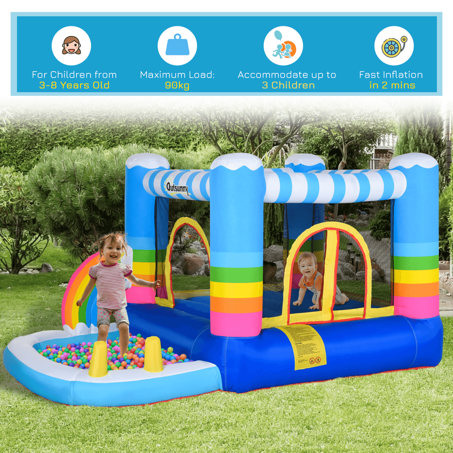 Rainbow Bouncy Castle & Pool for Kids 3-8 | Outdoor Fun, Discover the joy of outdoor play with the Rainbow Bouncy Castle & Pool House! Perfect for kids aged 3-8, it's safe, vibrant, and ensures endless fun.