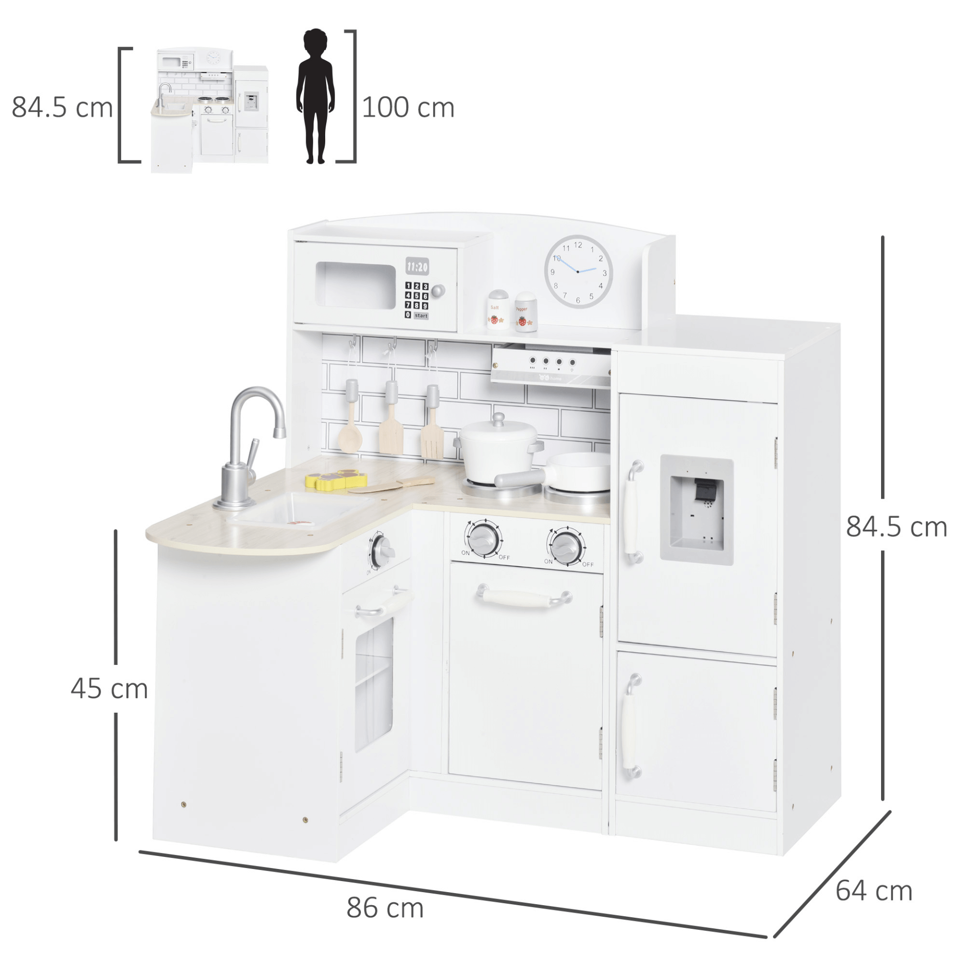 Kids Play Kitchen Wooden Toy - 14-Piece Playset, Engage your child’s imagination with our Kids Play Kitchen Toy. This 14-piece set features a sink, cabinet, and electronic water dispenser for realistic fun.