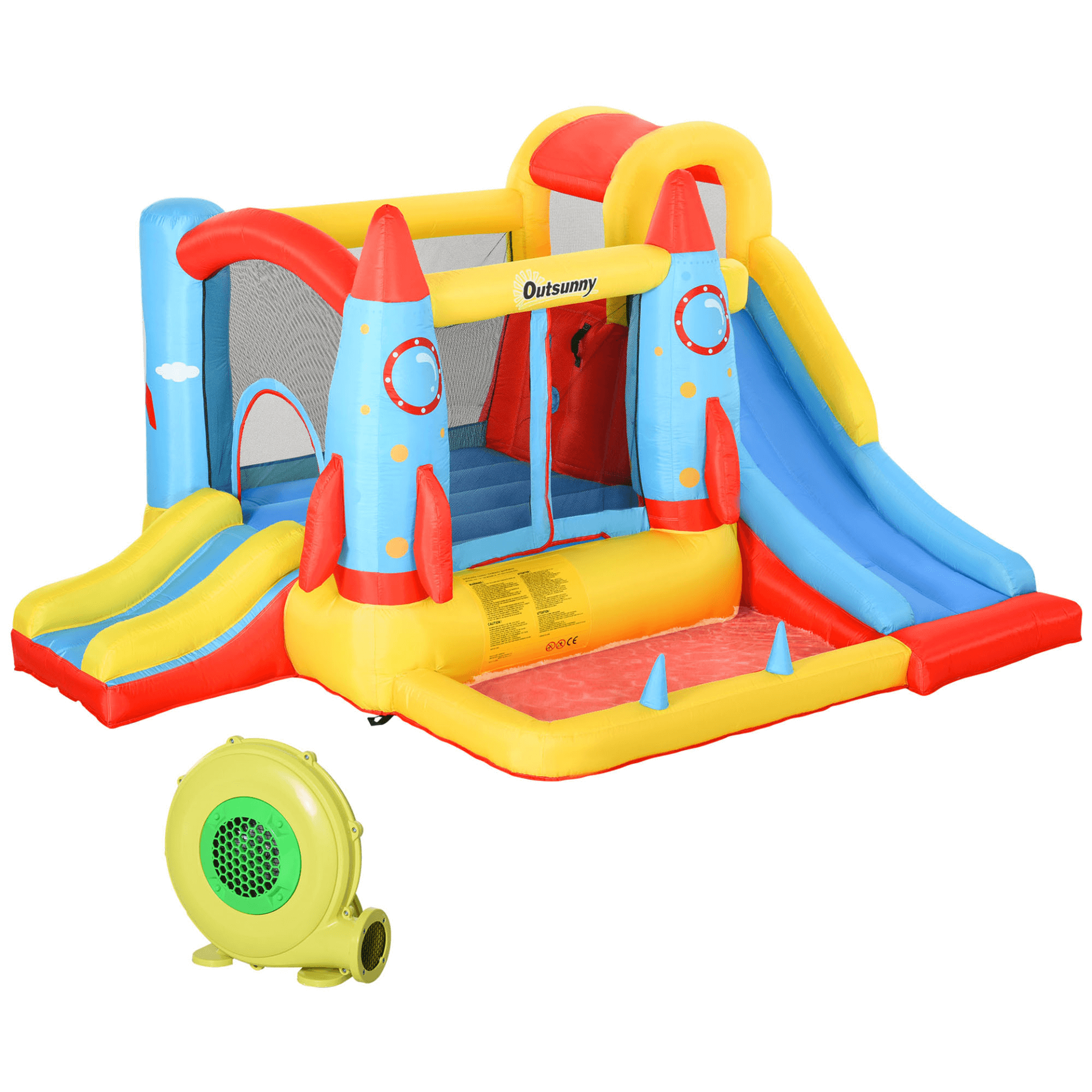 Kids 3-in-1 Bounce Castle - Trampoline & Water Fun, Experience ultimate fun with a rocket-themed inflatable trampoline, slide, and water pool in one durable playhouse for endless kids' entertainment.