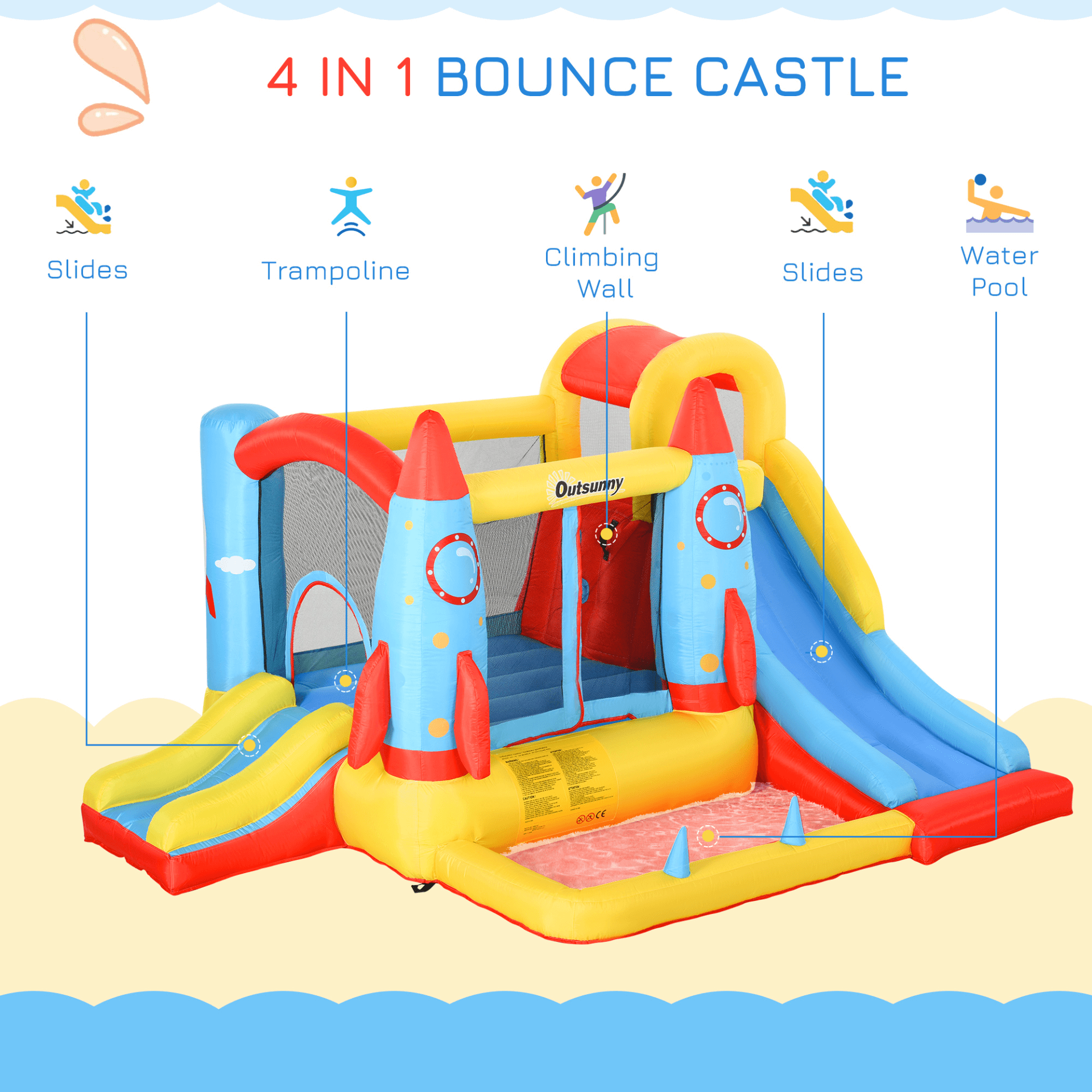 Kids 3-in-1 Bounce Castle - Trampoline & Water Fun, Experience ultimate fun with a rocket-themed inflatable trampoline, slide, and water pool in one durable playhouse for endless kids' entertainment.