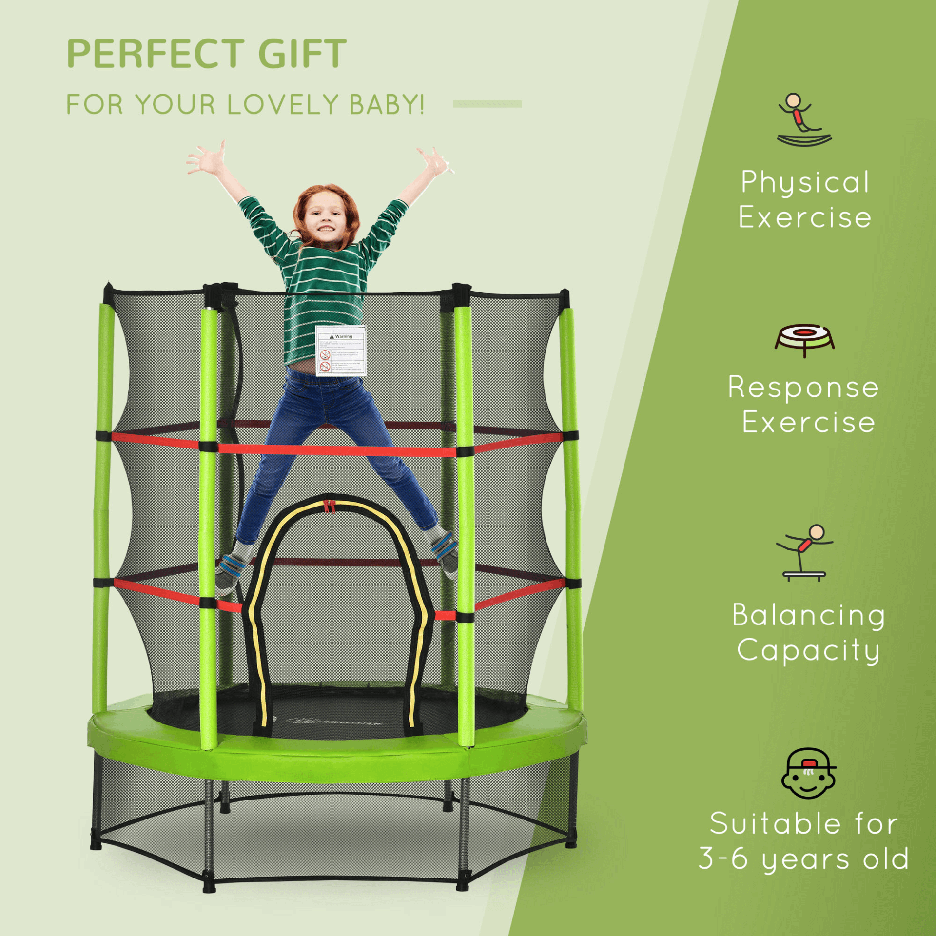 4.6FT Kids Trampoline with Safety Net – Ages 3-6, Green, Boost fun and safety with the 4.6FT Kids Trampoline. Features sturdy metal tubes, high-density bungee cords, and thick outer edge.