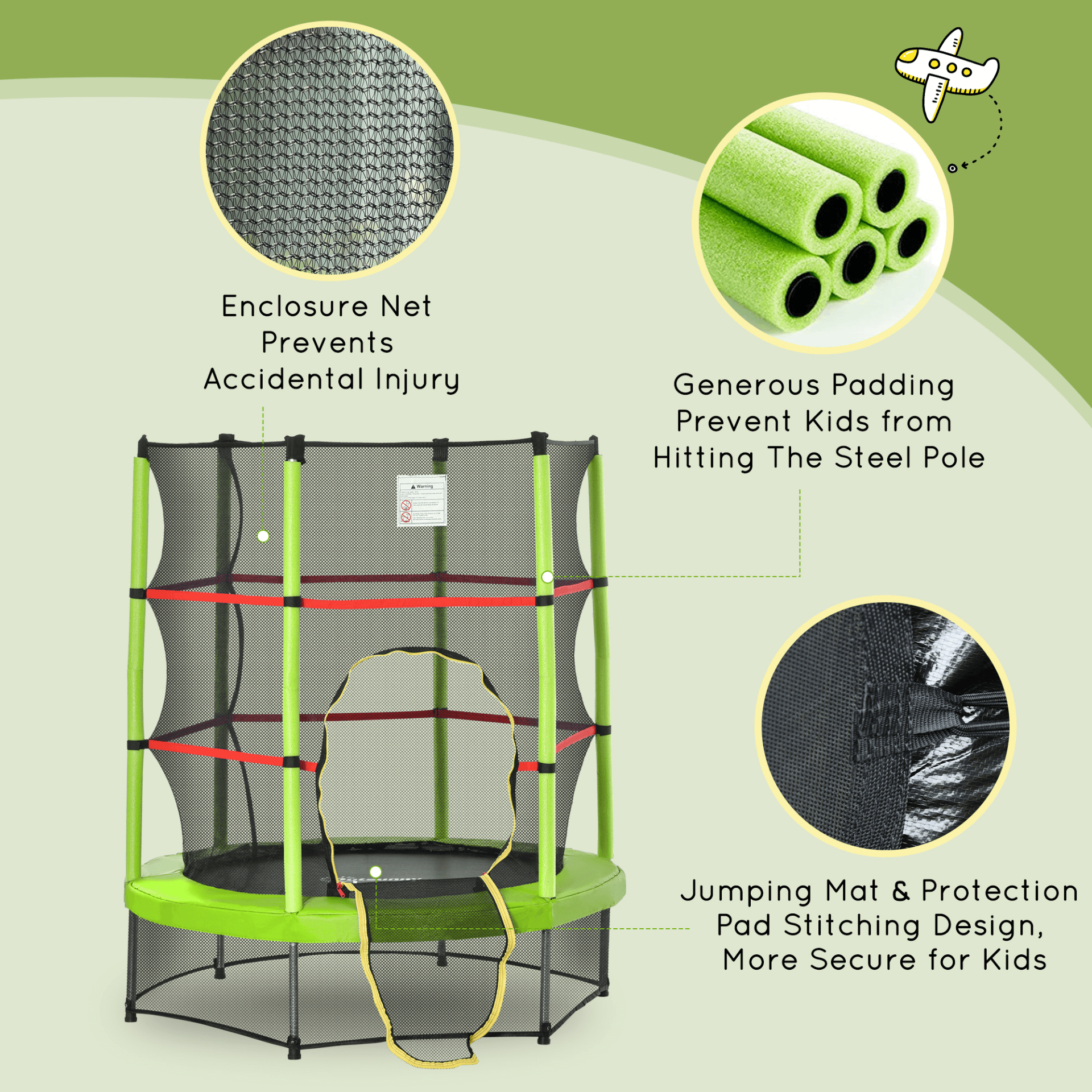 4.6FT Kids Trampoline with Safety Net – Ages 3-6, Green, Boost fun and safety with the 4.6FT Kids Trampoline. Features sturdy metal tubes, high-density bungee cords, and thick outer edge.