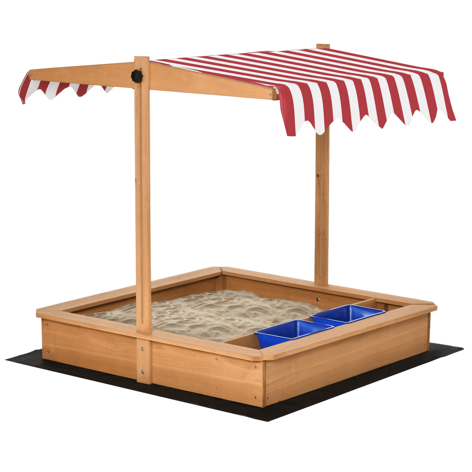 Kids Wooden Sandbox with Adjustable Canopy, Sturdy wooden sandbox for kids with adjustable canopy, bottom liner, and plastic basins. Ideal for outdoor sand play for ages 3-7. Protects from sun and rain.