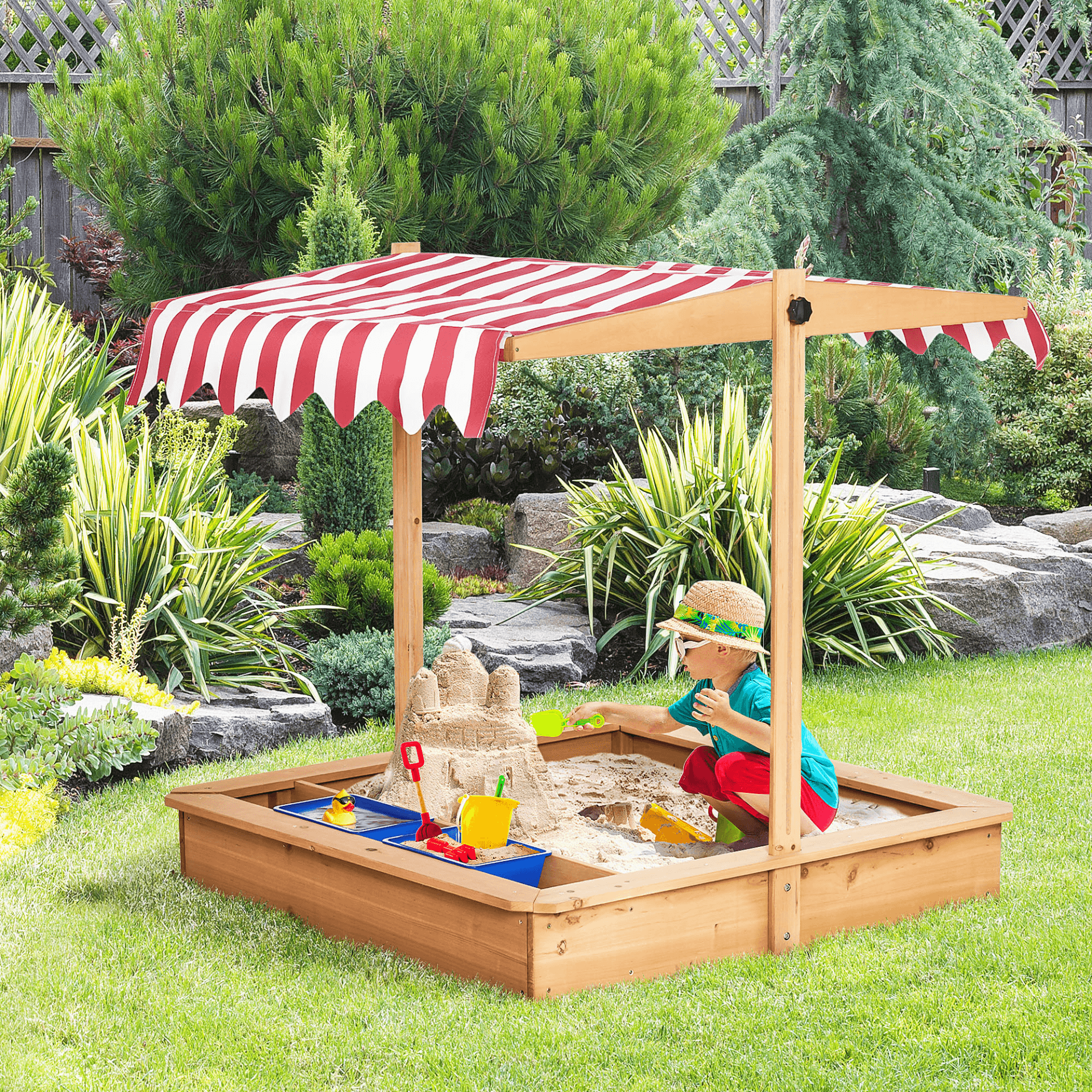 Kids Wooden Sandbox with Adjustable Canopy, Sturdy wooden sandbox for kids with adjustable canopy, bottom liner, and plastic basins. Ideal for outdoor sand play for ages 3-7. Protects from sun and rain.