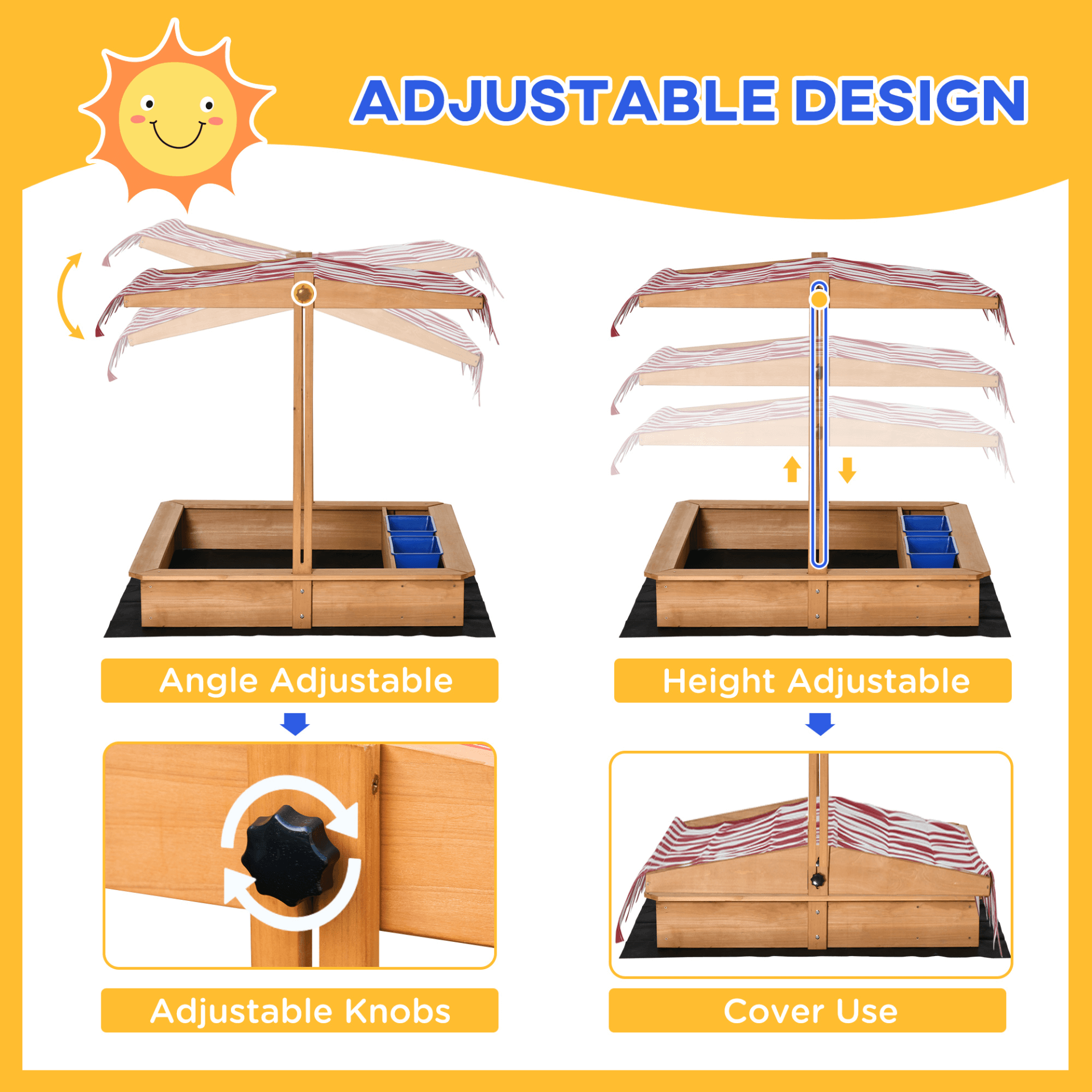 Kids Wooden Sandbox with Adjustable Canopy, Sturdy wooden sandbox for kids with adjustable canopy, bottom liner, and plastic basins. Ideal for outdoor sand play for ages 3-7. Protects from sun and rain.