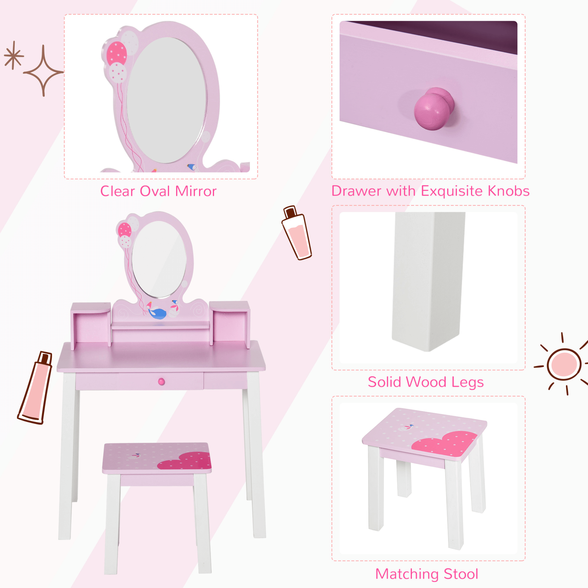 Kids Wooden Dressing Table Set - Pink, Fulfill your child's dreams with this adorable Kids Wooden Dressing Table and Stool Set in pink. Safe, high-quality materials with rounded edges.