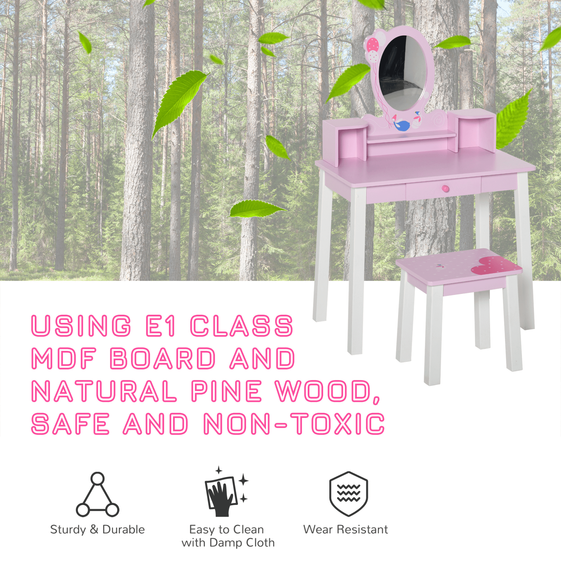 Kids Wooden Dressing Table Set - Pink, Fulfill your child's dreams with this adorable Kids Wooden Dressing Table and Stool Set in pink. Safe, high-quality materials with rounded edges.