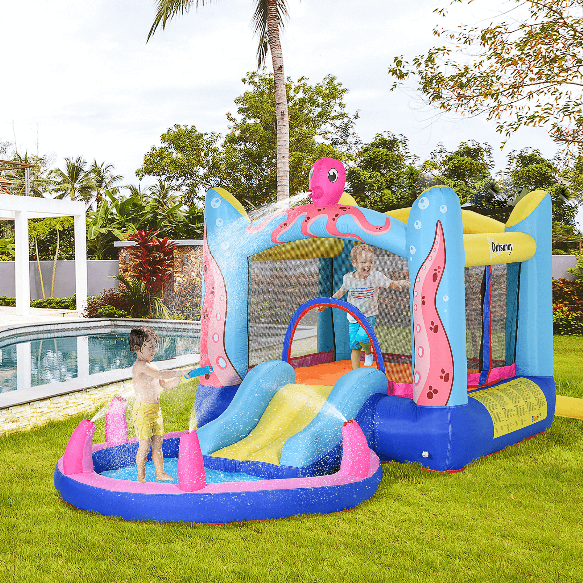 3-in-1 Kids Bouncy Castle: Octopus Fun!, Dive into fun with our Octopus 3-in-1 Bouncy Castle for kids! Features a trampoline, slide, and water pool for endless play.