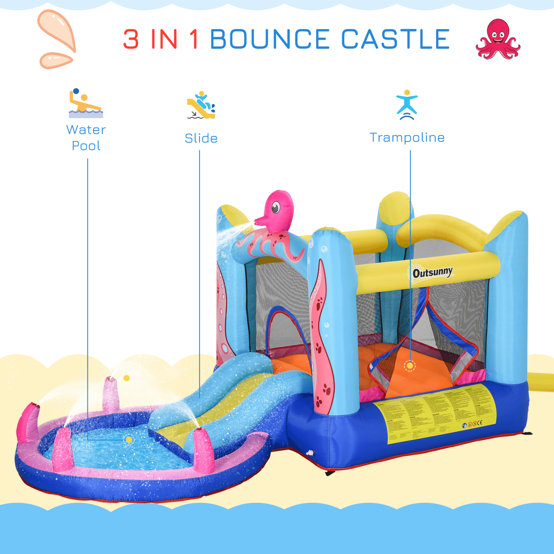 3-in-1 Kids Bouncy Castle: Octopus Fun!, Dive into fun with our Octopus 3-in-1 Bouncy Castle for kids! Features a trampoline, slide, and water pool for endless play.