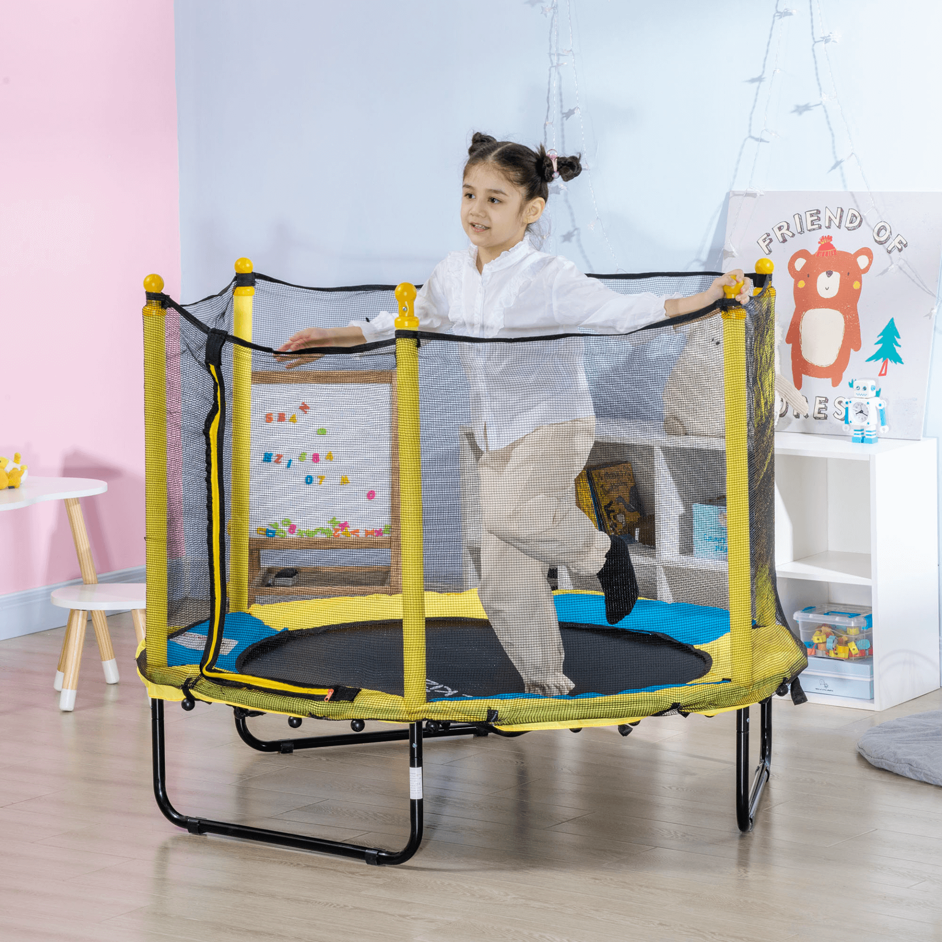 Kids 4.6FT Trampoline with Safety Enclosure - Yellow, Secure indoor/outdoor trampoline for kids ages 1-10. Thick-padded poles, safety netting, and bungee design ensure safe play.