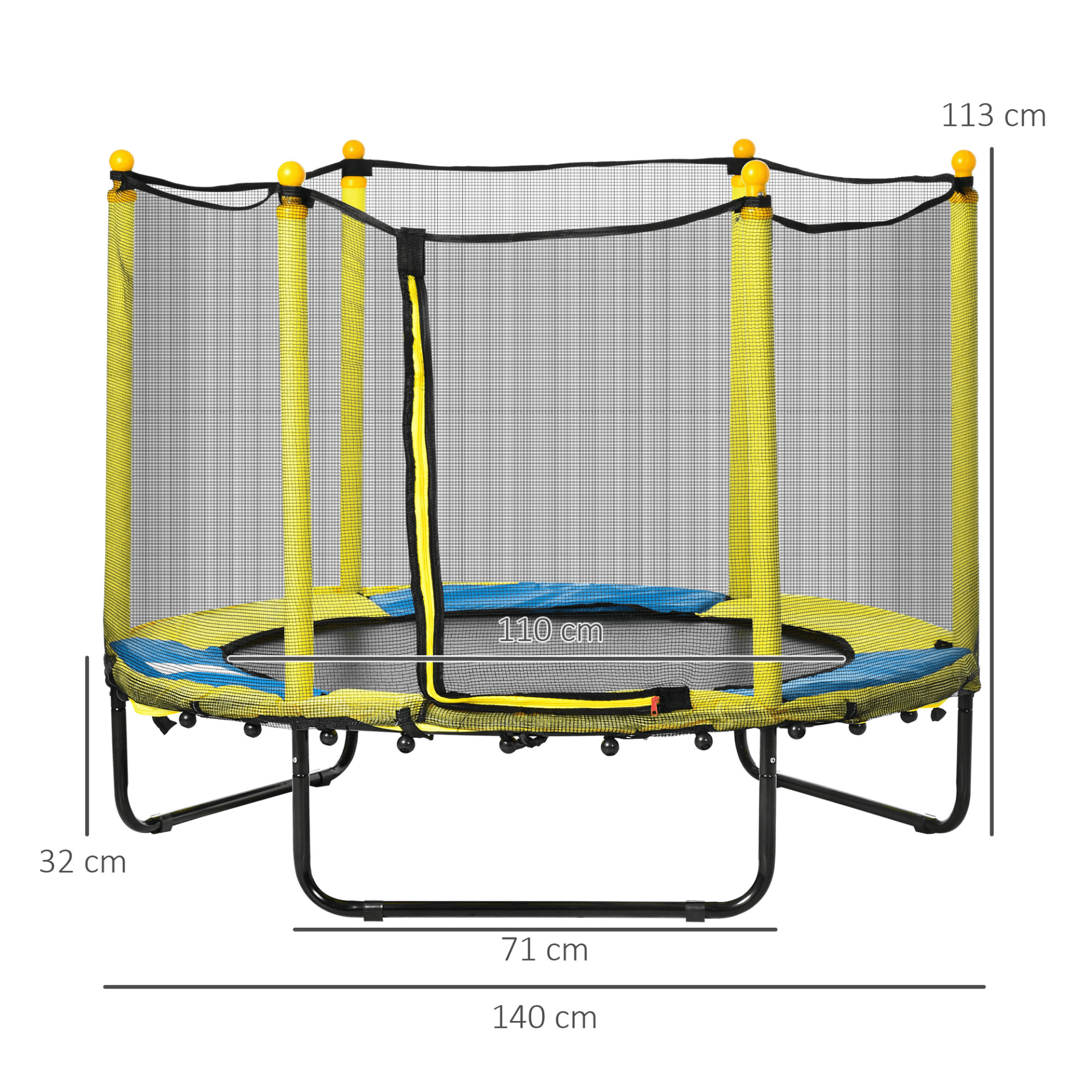 Kids 4.6FT Trampoline with Safety Enclosure - Yellow, Secure indoor/outdoor trampoline for kids ages 1-10. Thick-padded poles, safety netting, and bungee design ensure safe play.