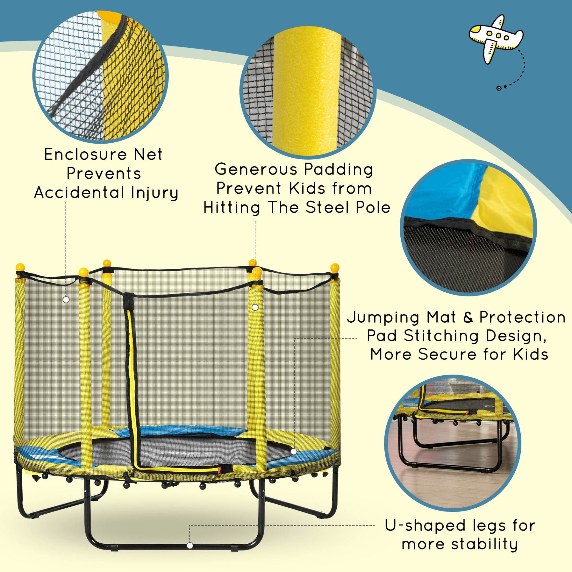 Kids 4.6FT Trampoline with Safety Enclosure - Yellow, Secure indoor/outdoor trampoline for kids ages 1-10. Thick-padded poles, safety netting, and bungee design ensure safe play.