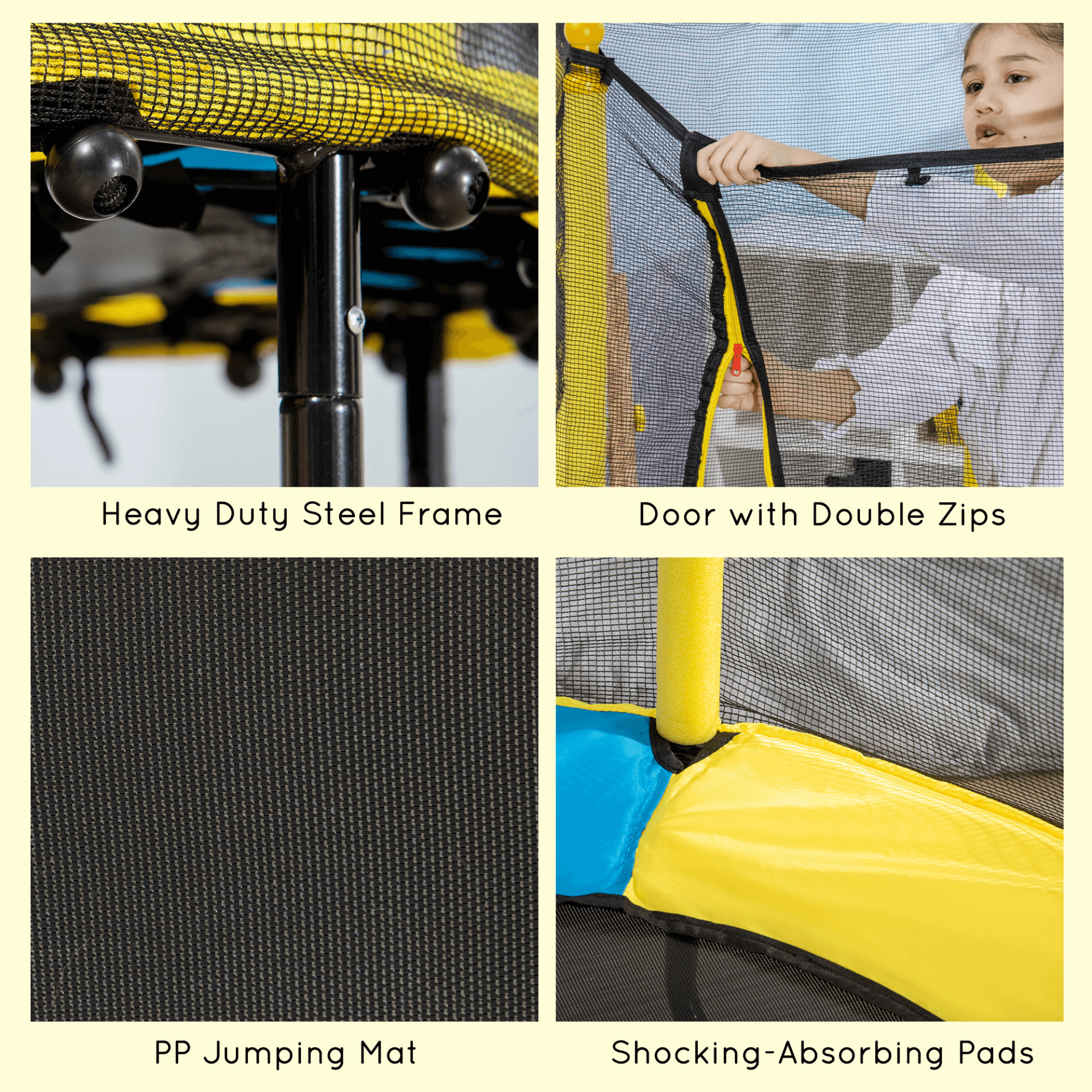 Kids 4.6FT Trampoline with Safety Enclosure - Yellow, Secure indoor/outdoor trampoline for kids ages 1-10. Thick-padded poles, safety netting, and bungee design ensure safe play.