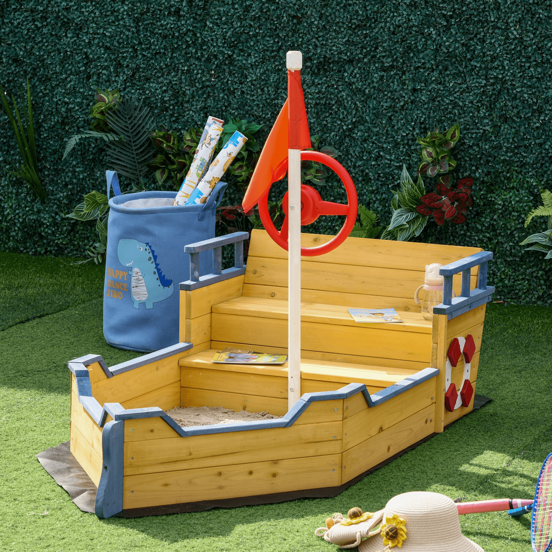 Kids Wooden Pirate Ship Sandpit Sandbox - Fun Playset, Transform your backyard into a pirate adventure with our Kids Wooden Sandpit Pirate Ship Sandbox. Includes flag, lifebuoy, & bench. Perfect for imaginative play