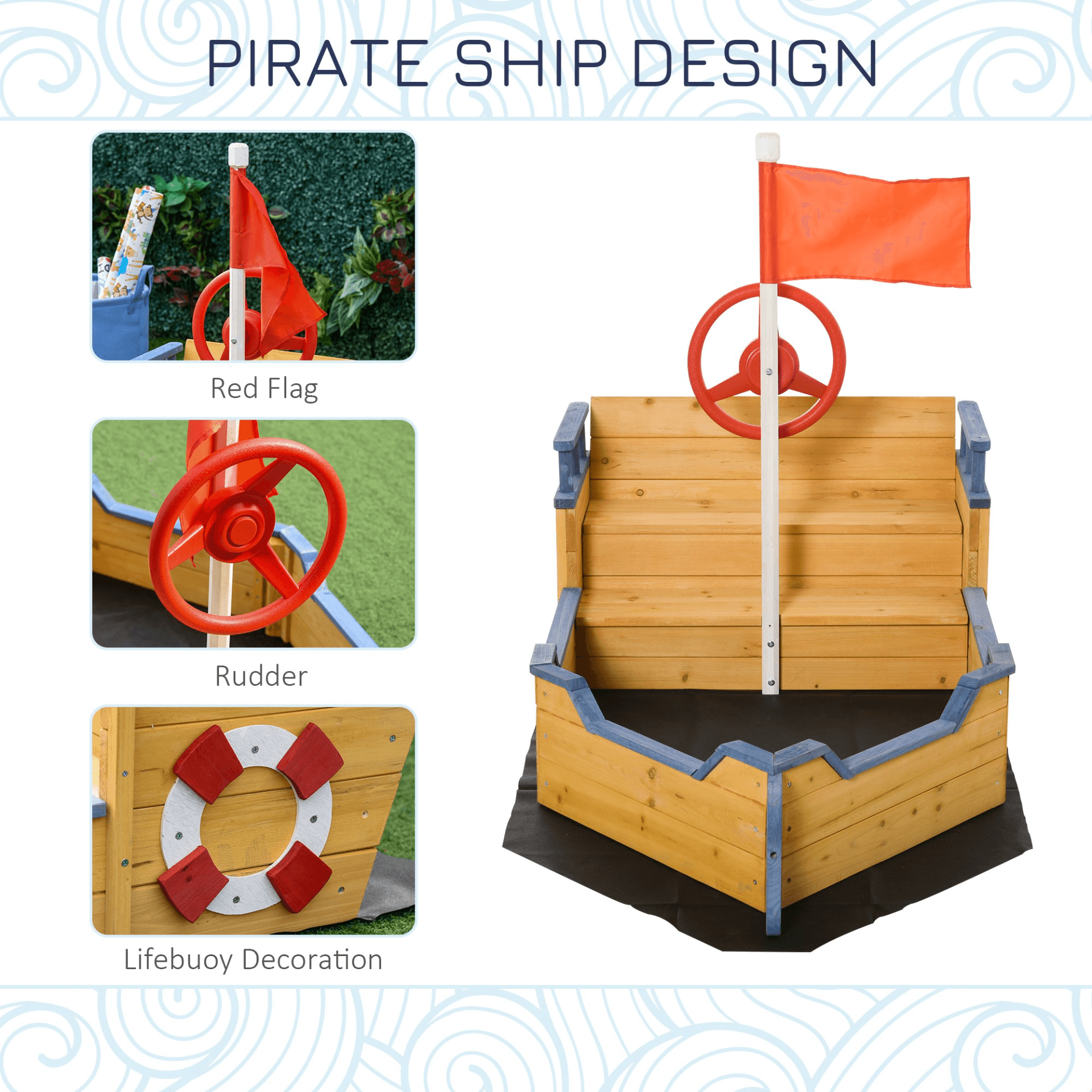 Kids Wooden Pirate Ship Sandpit Sandbox - Fun Playset, Transform your backyard into a pirate adventure with our Kids Wooden Sandpit Pirate Ship Sandbox. Includes flag, lifebuoy, & bench. Perfect for imaginative play