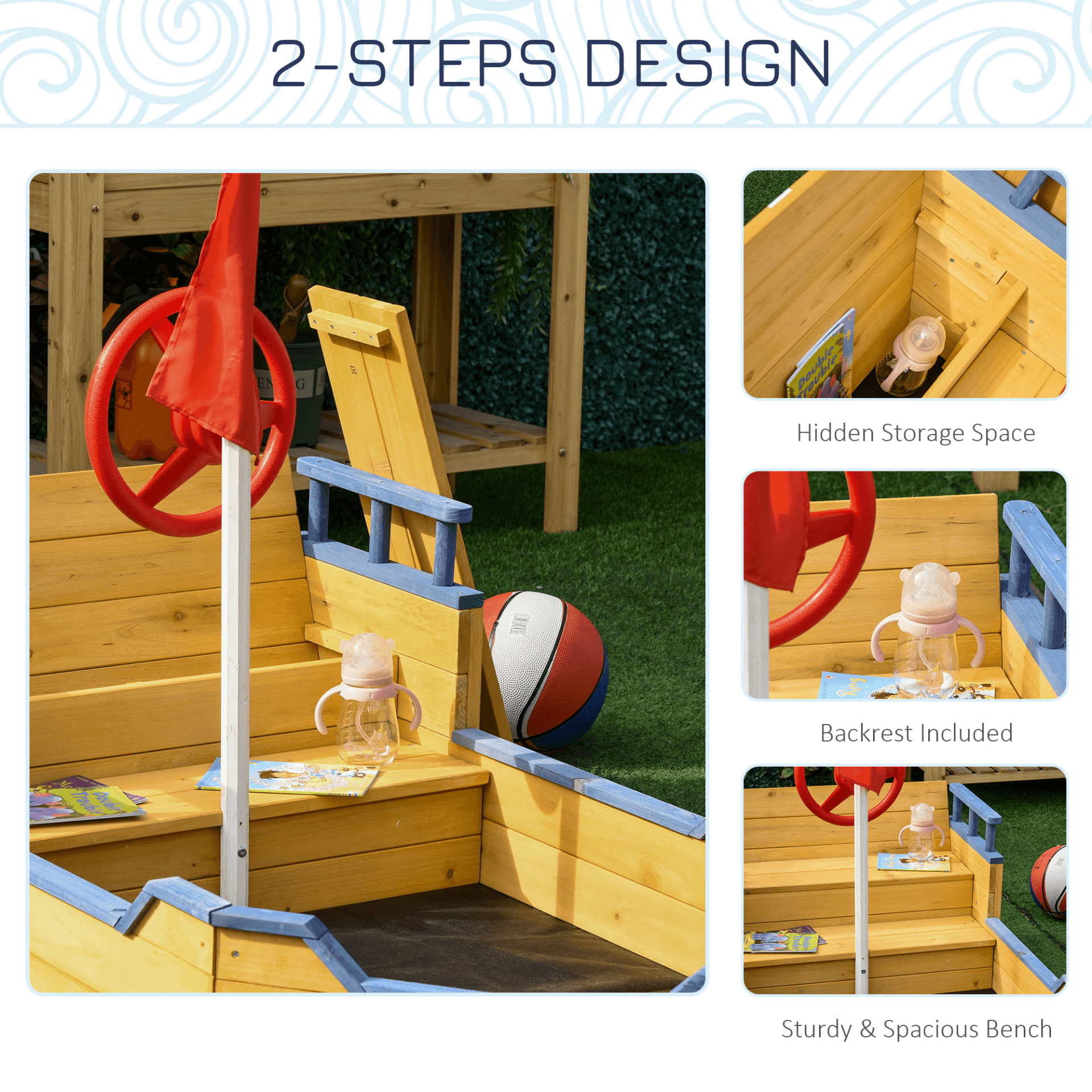 Kids Wooden Pirate Ship Sandpit Sandbox - Fun Playset, Transform your backyard into a pirate adventure with our Kids Wooden Sandpit Pirate Ship Sandbox. Includes flag, lifebuoy, & bench. Perfect for imaginative play