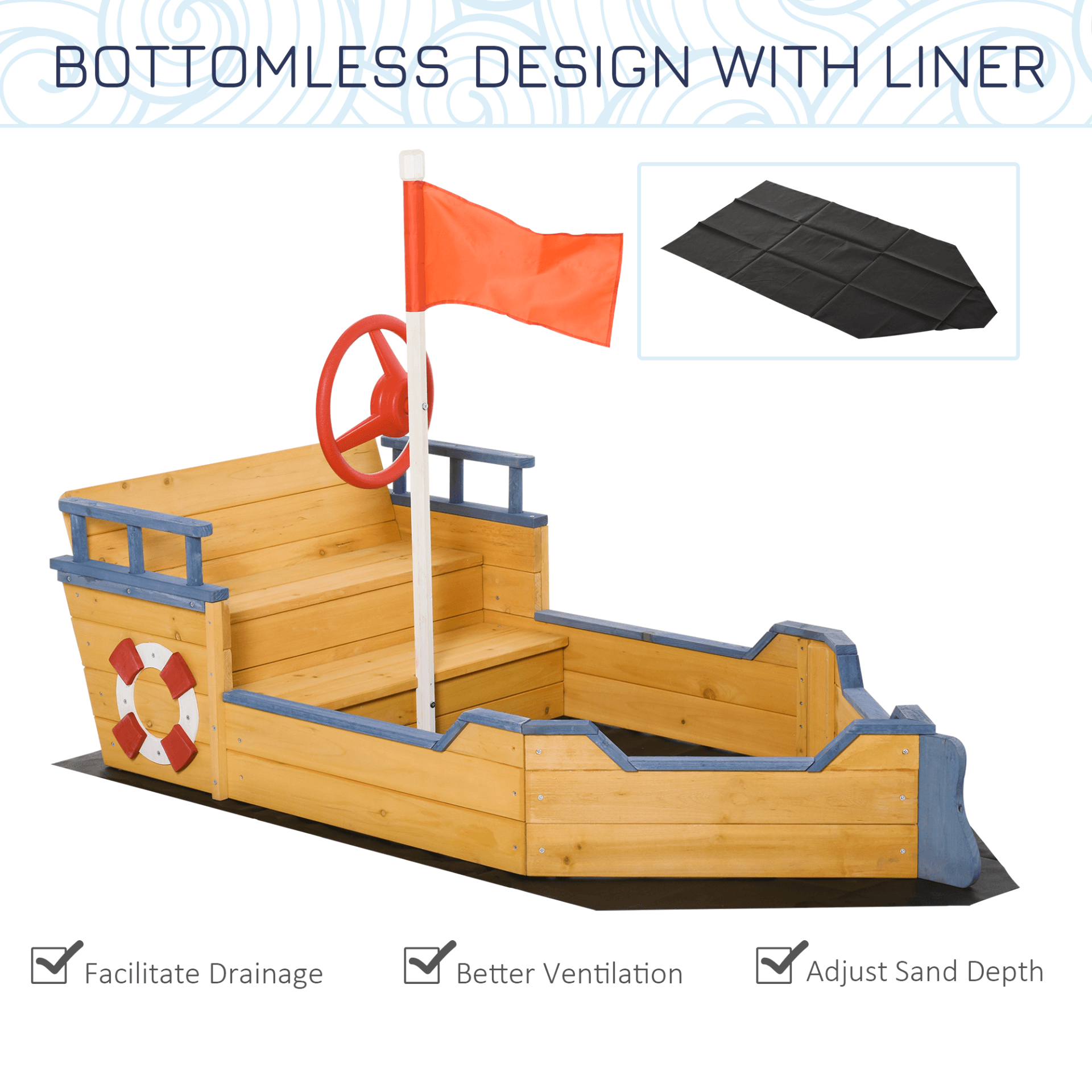 Kids Wooden Pirate Ship Sandpit Sandbox - Fun Playset, Transform your backyard into a pirate adventure with our Kids Wooden Sandpit Pirate Ship Sandbox. Includes flag, lifebuoy, & bench. Perfect for imaginative play