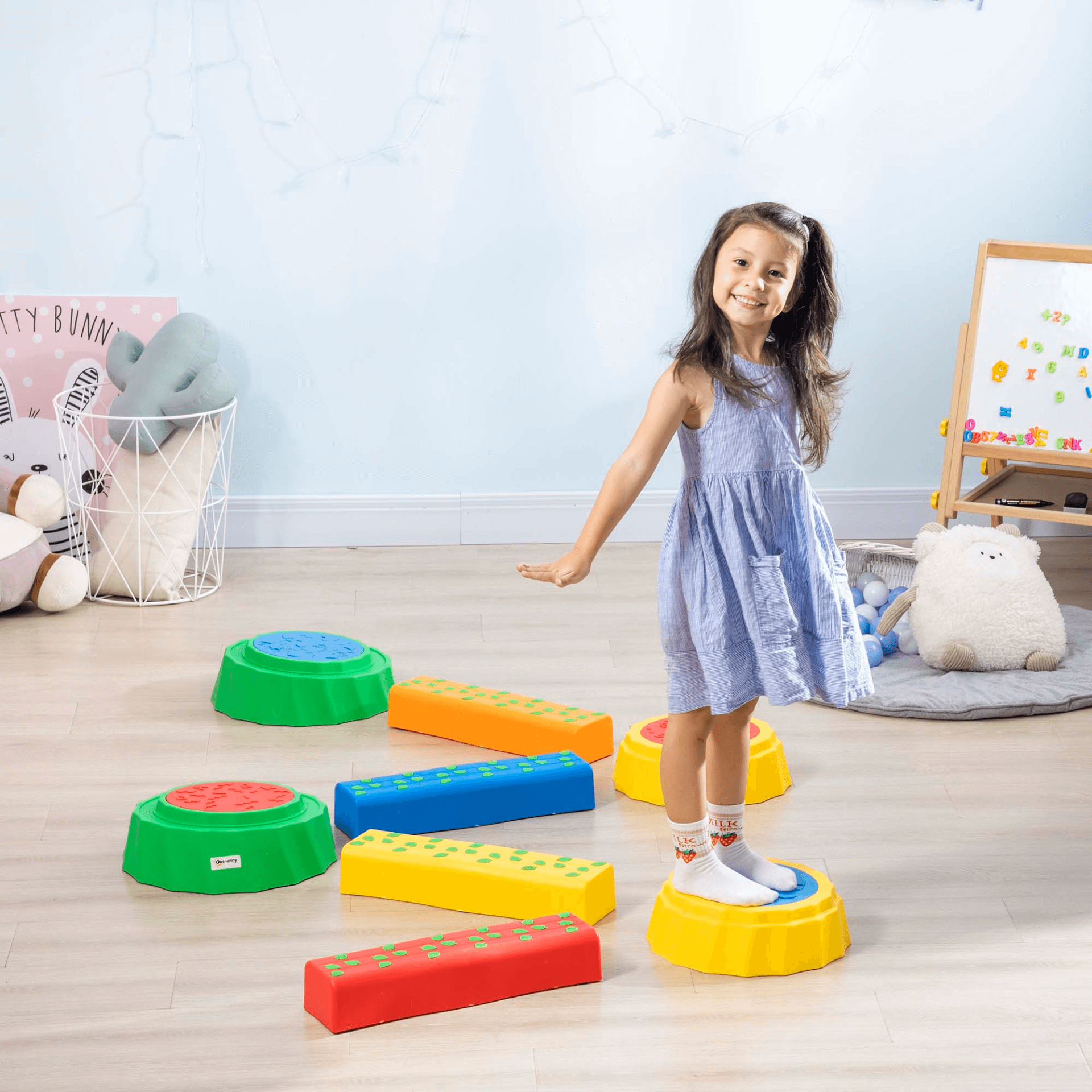 8 Piece Kids Balance Beam Set - Non-Slip, Stackable Design, Enhance your child's coordination and balance with our 8 PCS Kids Stepping Stones Balance Beam Set. Safe and fun with a non-slip surface!