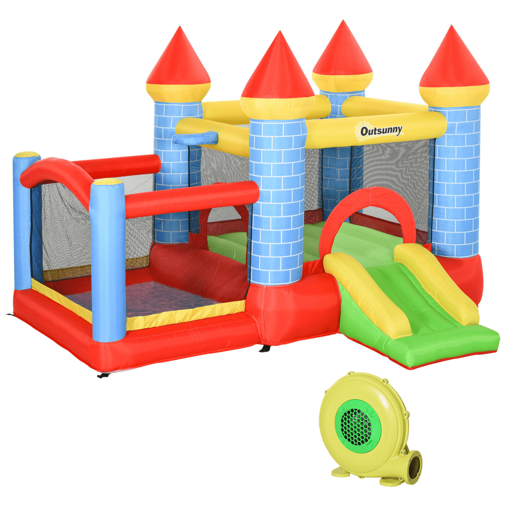 4-in-1 Kids Bounce Castle House - Outdoor Fun, The ultimate play solution for ages 3-8. Features trampoline, slide, water pool, and basketball hoop. Fast 2-minute setup with included air blower.