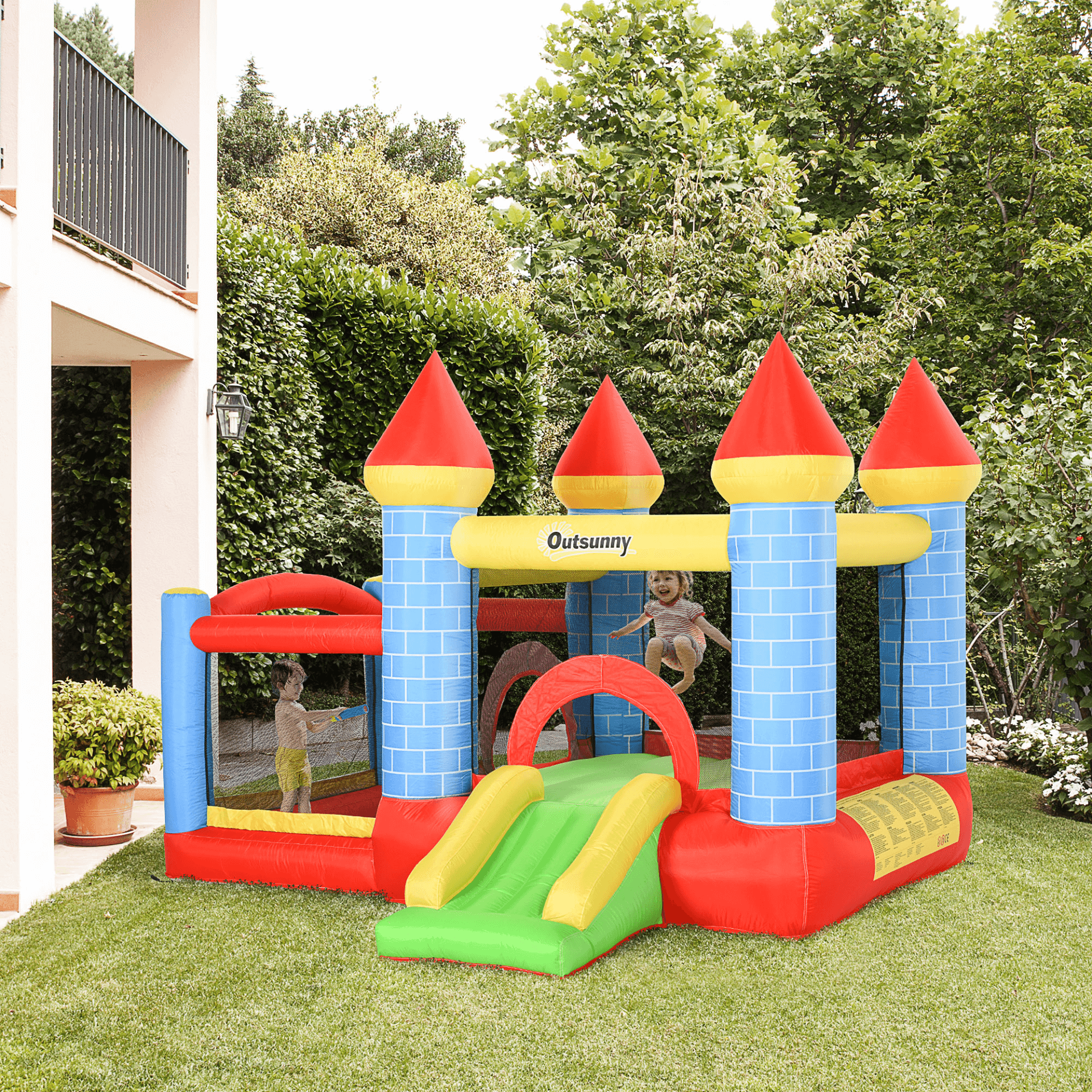 4-in-1 Kids Bounce Castle House - Outdoor Fun, The ultimate play solution for ages 3-8. Features trampoline, slide, water pool, and basketball hoop. Fast 2-minute setup with included air blower.