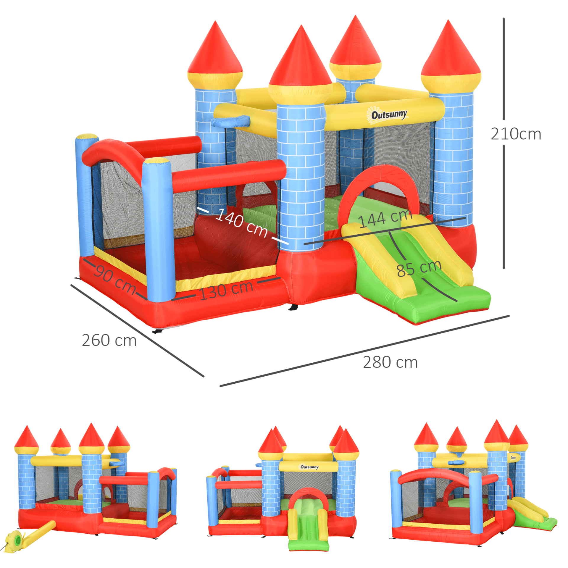 4-in-1 Kids Bounce Castle House - Outdoor Fun, The ultimate play solution for ages 3-8. Features trampoline, slide, water pool, and basketball hoop. Fast 2-minute setup with included air blower.