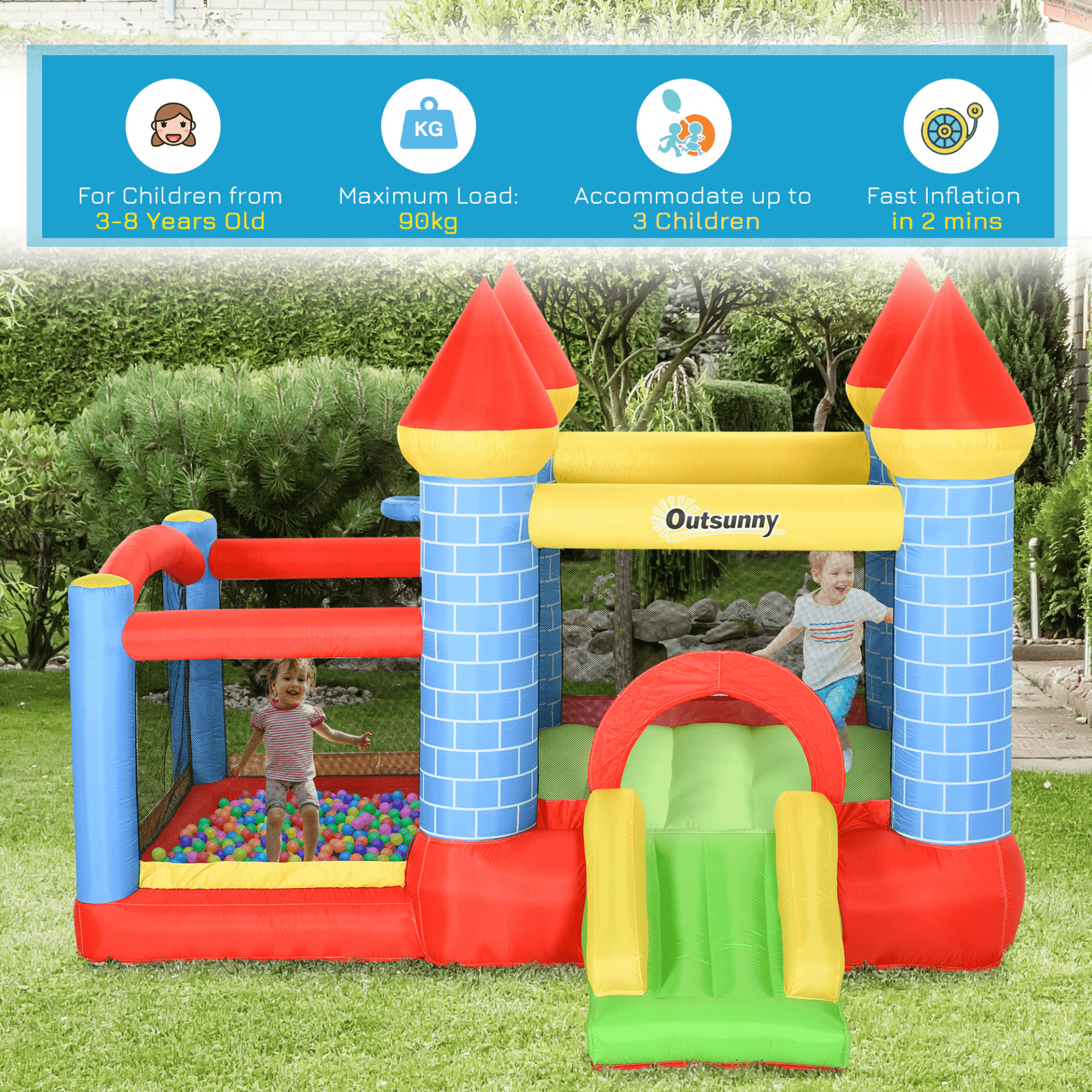 4-in-1 Kids Bounce Castle House - Outdoor Fun, The ultimate play solution for ages 3-8. Features trampoline, slide, water pool, and basketball hoop. Fast 2-minute setup with included air blower.