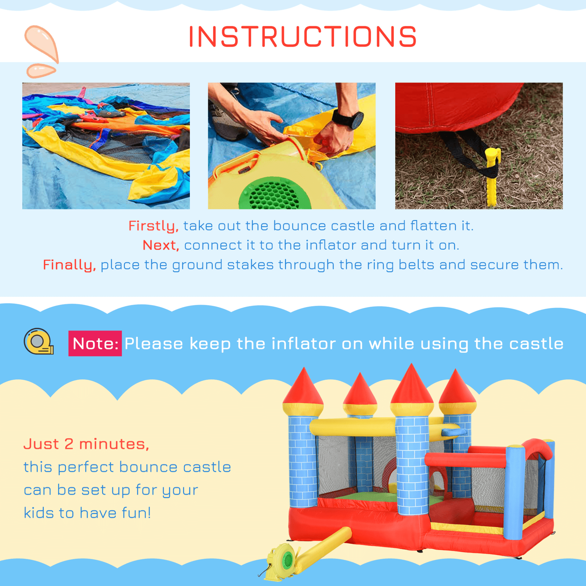 4-in-1 Kids Bounce Castle House - Outdoor Fun, The ultimate play solution for ages 3-8. Features trampoline, slide, water pool, and basketball hoop. Fast 2-minute setup with included air blower.