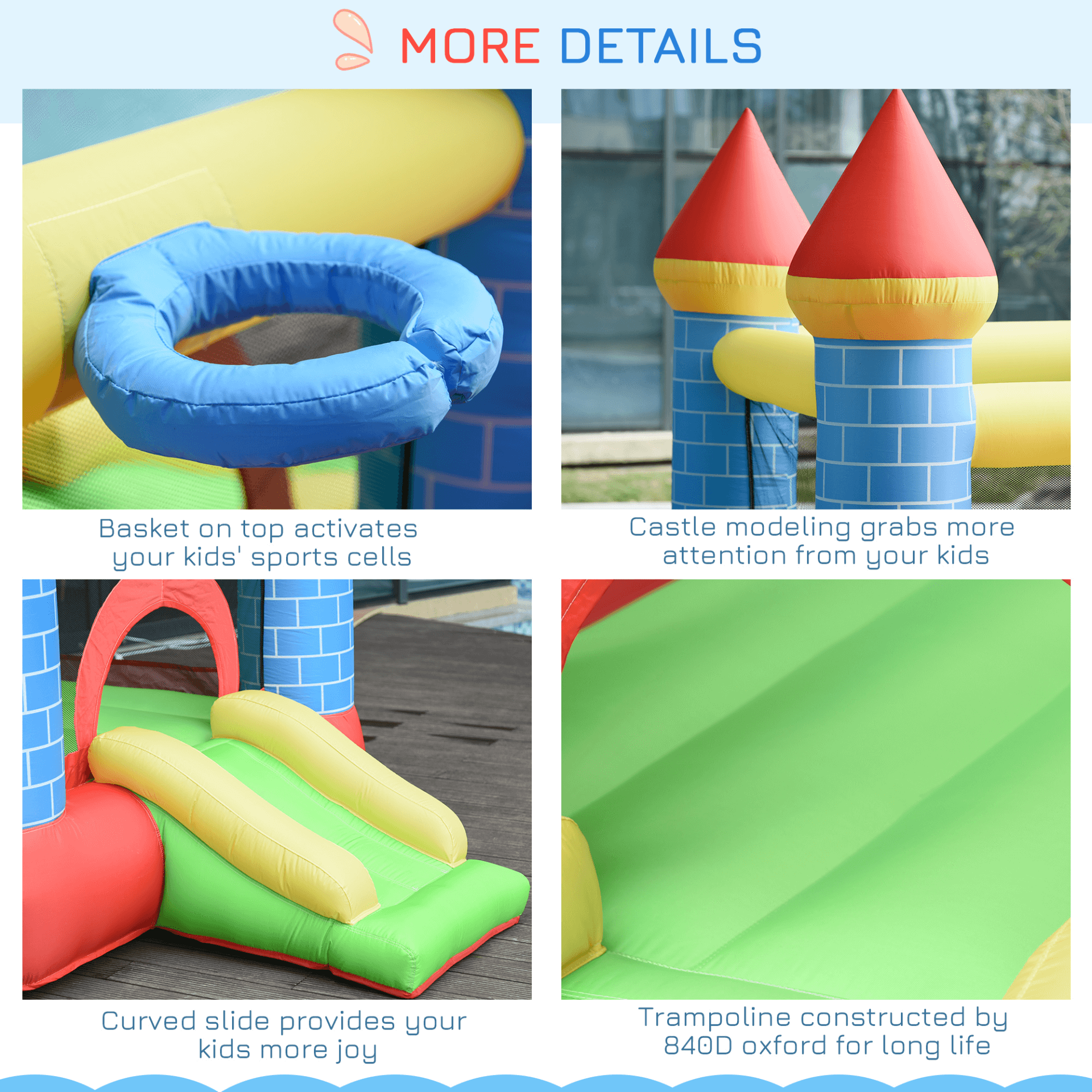 4-in-1 Kids Bounce Castle House - Outdoor Fun, The ultimate play solution for ages 3-8. Features trampoline, slide, water pool, and basketball hoop. Fast 2-minute setup with included air blower.