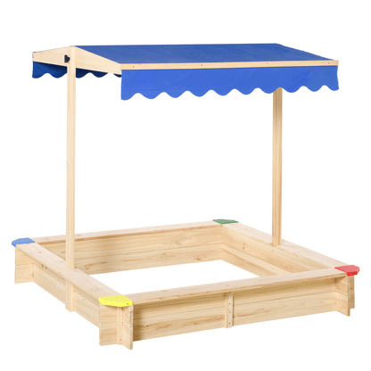 Kids Wooden Sandpit with Adjustable Canopy & Bench Seats, Durable 120x120x120cm wooden sandpit with adjustable canopy for sun protection. Spacious play area for multiple kids. Easy to clean.