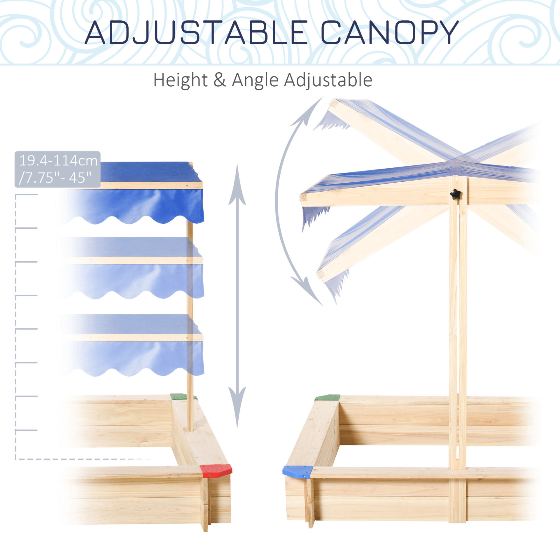 Kids Wooden Sandpit with Adjustable Canopy & Bench Seats, Durable 120x120x120cm wooden sandpit with adjustable canopy for sun protection. Spacious play area for multiple kids. Easy to clean.